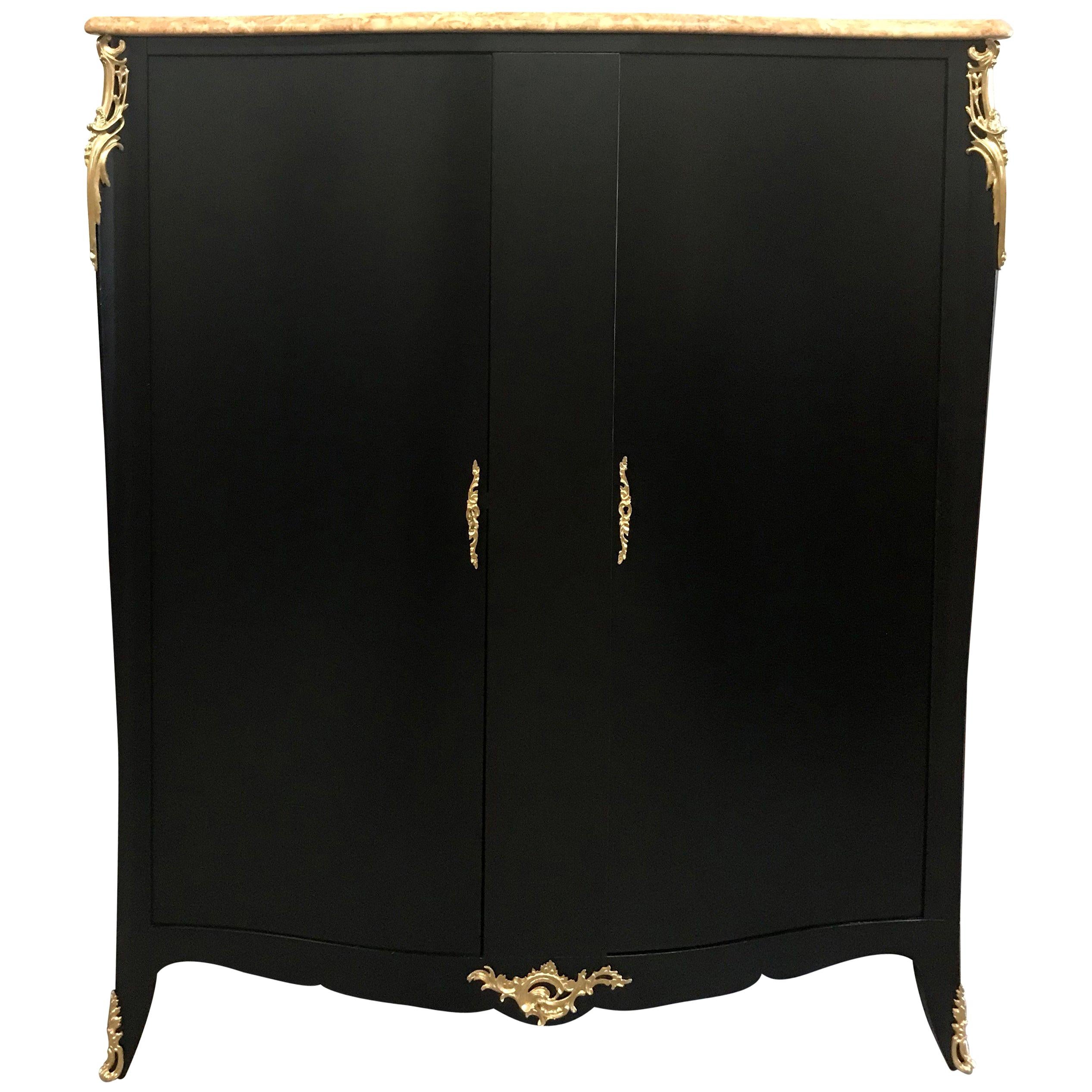 Monumental French Art Deco Ebonized Dry Bar Cabinet with Marble Top, 1940s