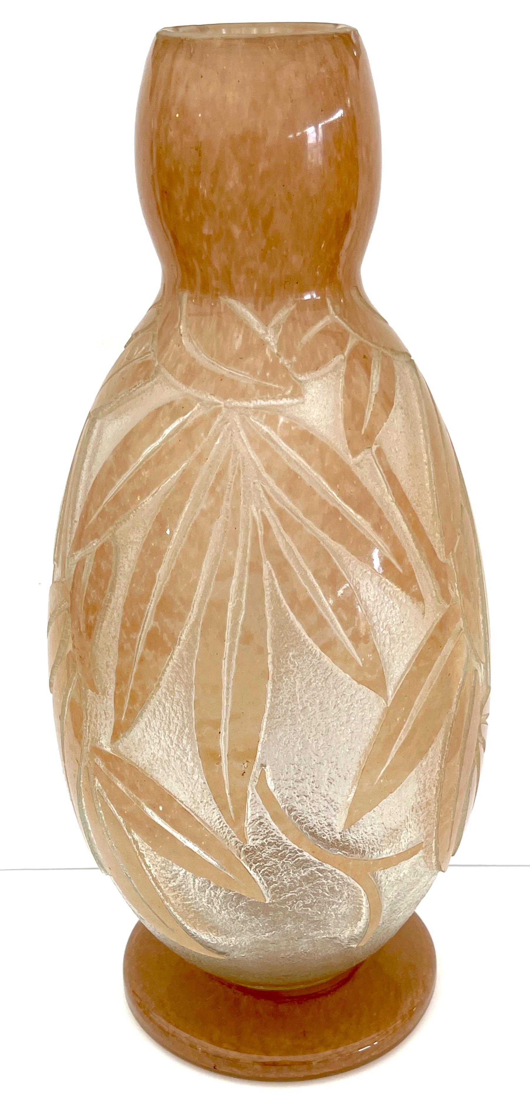 Monumental French Art Deco Palmette Cameo Glass Vase by Degué, Circa 1930s
France, Circa 1930s 

A remarkable Monumental French Art Deco Palmette Cameo Glass Vase made by Degué glassworks from the 1930s. This exquisite French Cameo glass vase