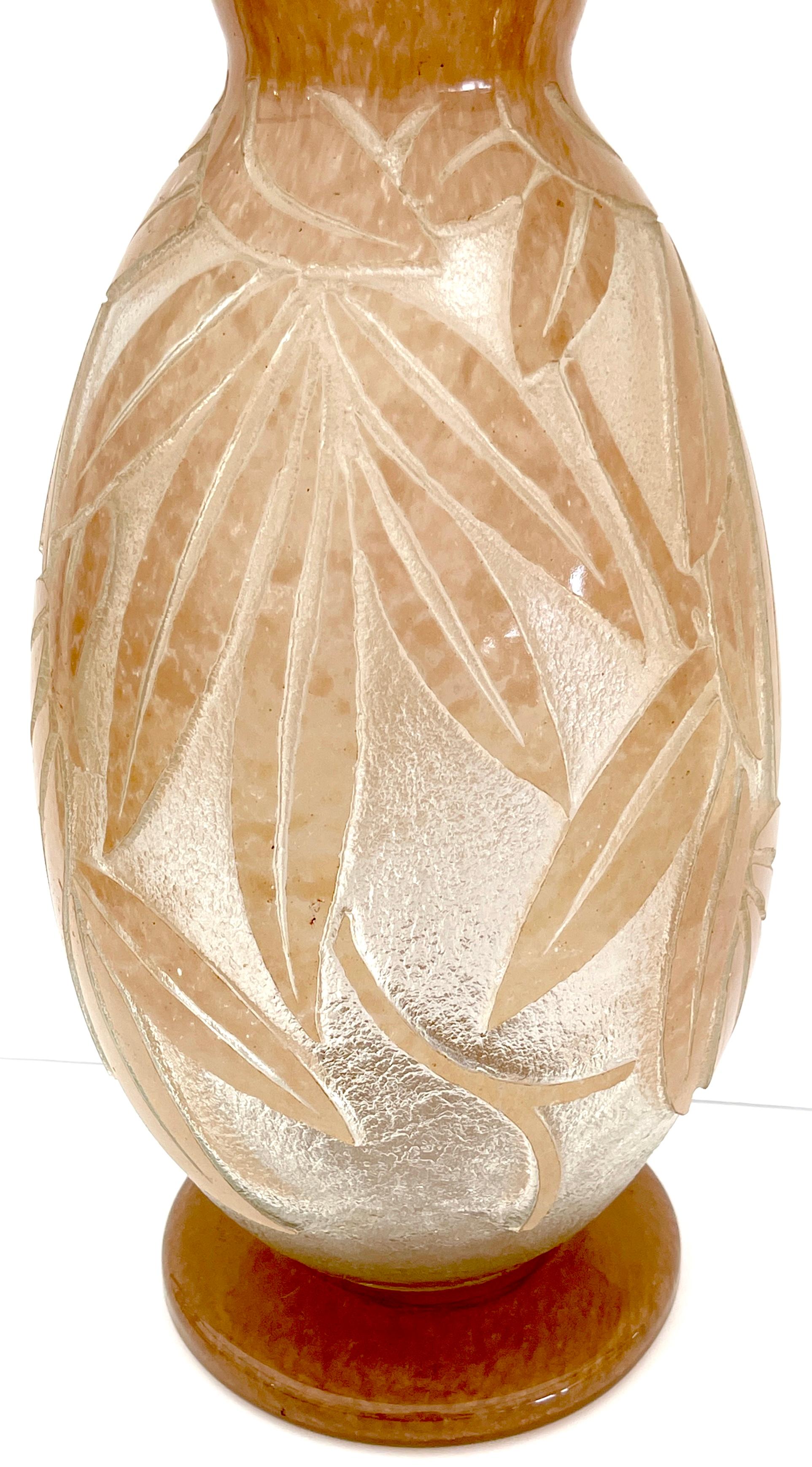 Carved Monumental French Art Deco Palmette Cameo Glass Vase by Degué, Circa 1930s For Sale