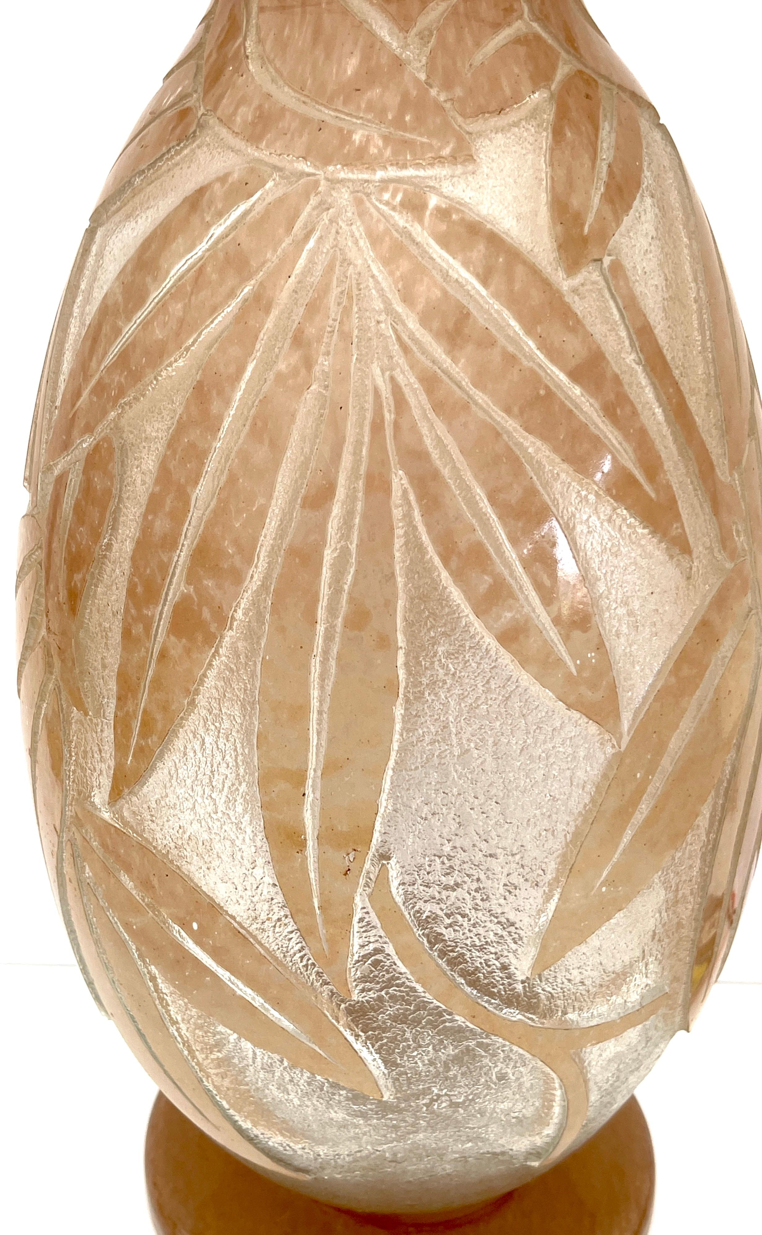 Monumental French Art Deco Palmette Cameo Glass Vase by Degué, Circa 1930s In Good Condition For Sale In West Palm Beach, FL