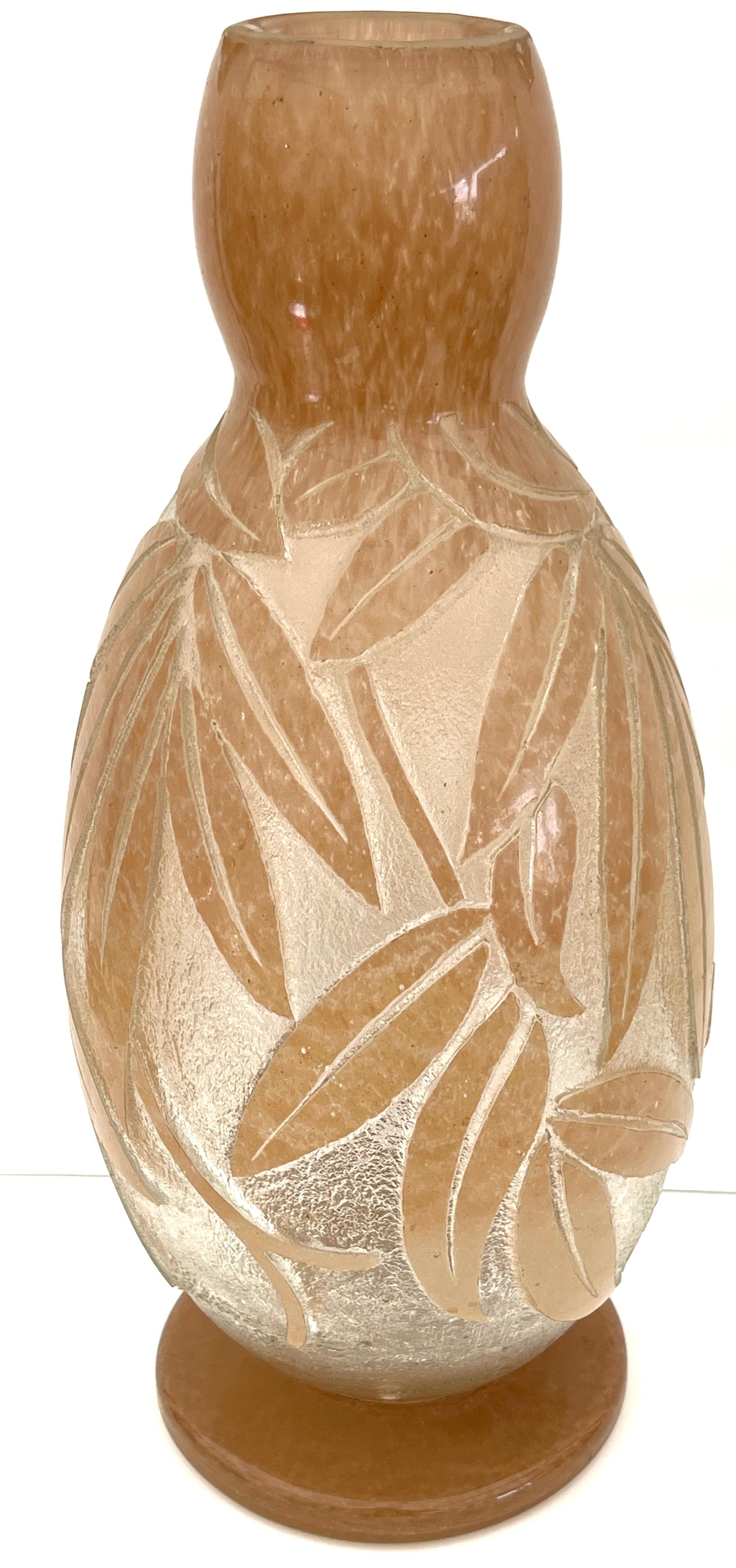 20th Century Monumental French Art Deco Palmette Cameo Glass Vase by Degué, Circa 1930s For Sale