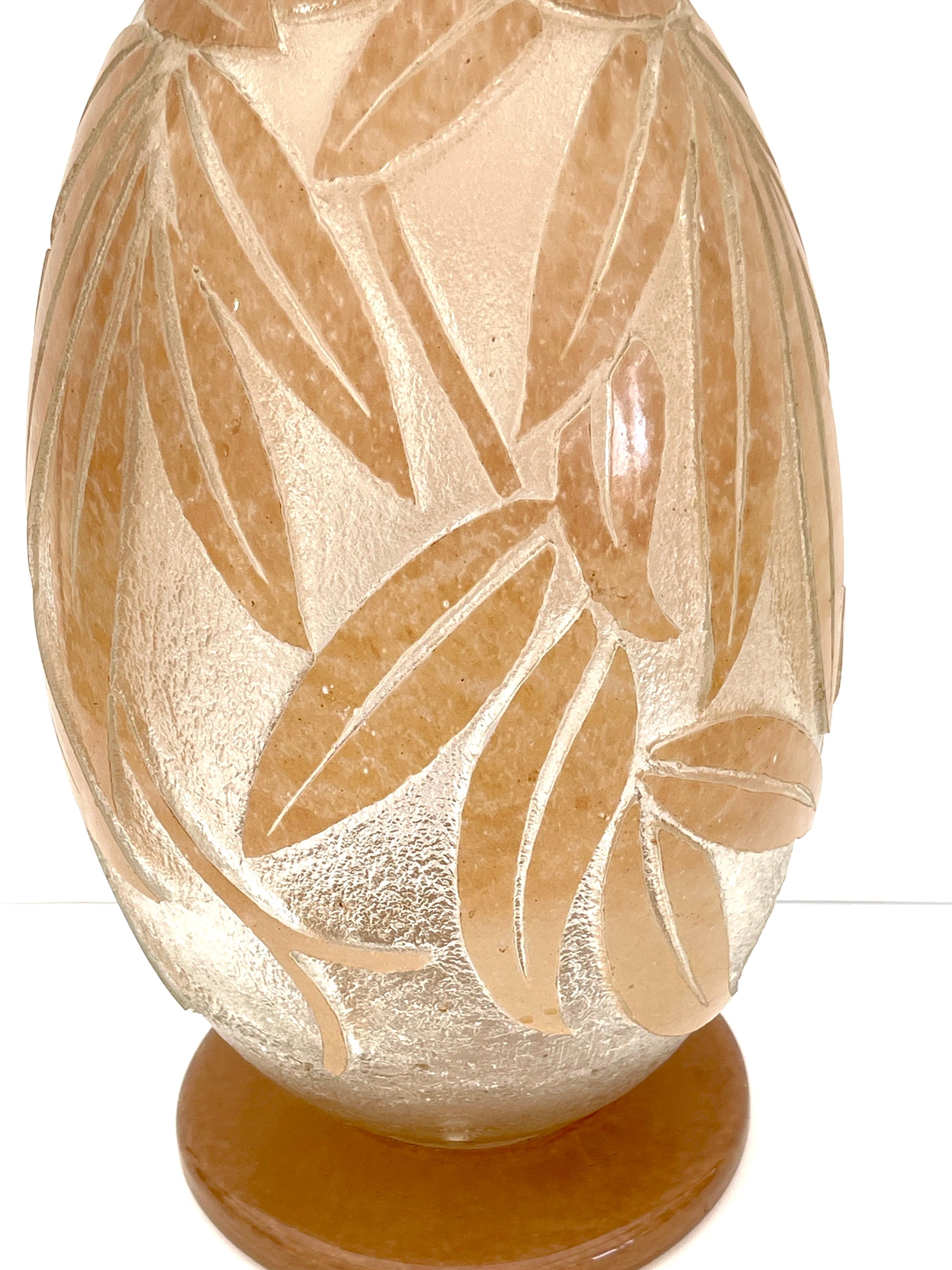 Art Glass Monumental French Art Deco Palmette Cameo Glass Vase by Degué, Circa 1930s For Sale