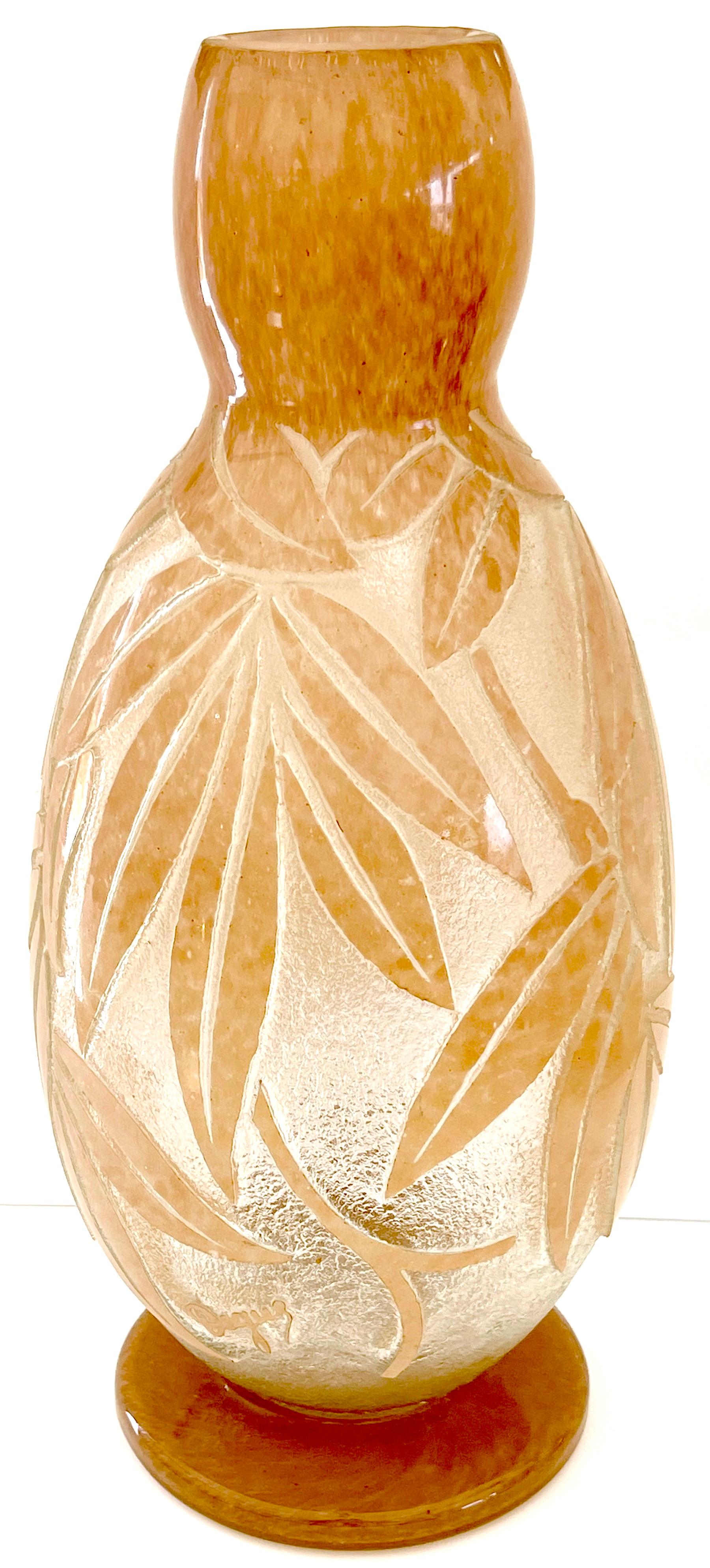 Monumental French Art Deco Palmette Cameo Glass Vase by Degué, Circa 1930s For Sale 2