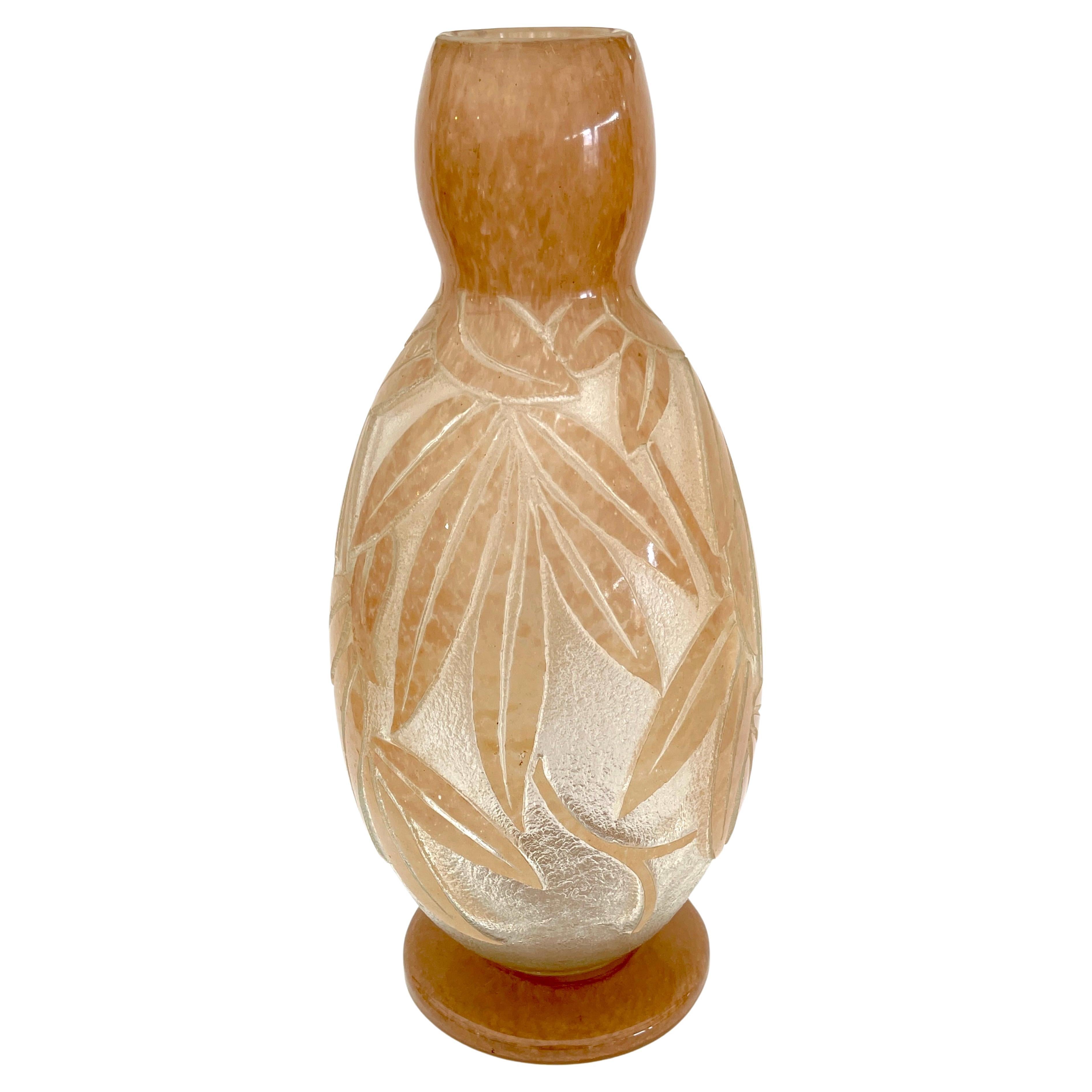 Monumental French Art Deco Palmette Cameo Glass Vase by Degué, Circa 1930s For Sale