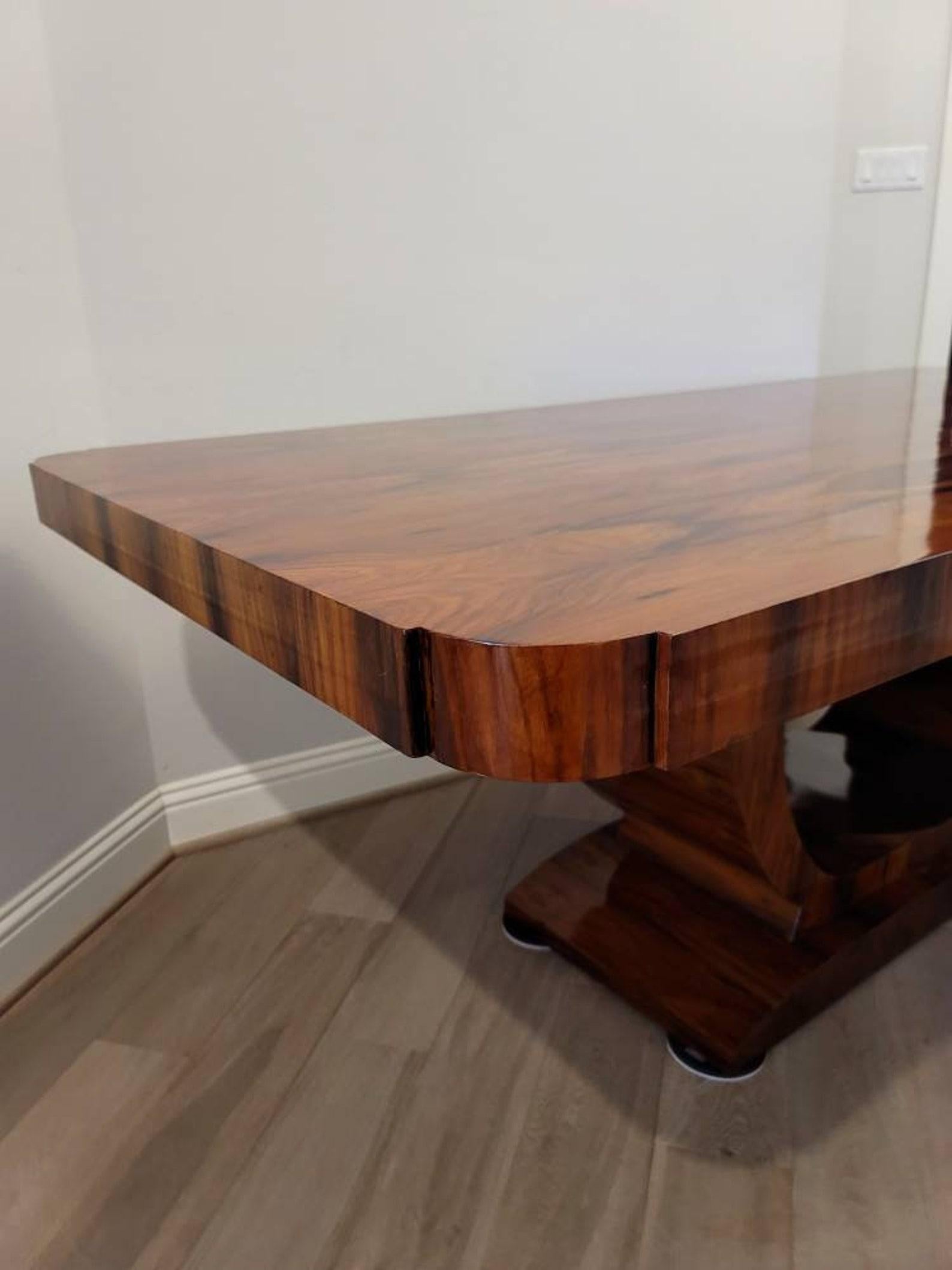 Hand-Crafted Monumental French Art Deco Rosewood Gondola Dining Table, Ruhlmann Style For Sale