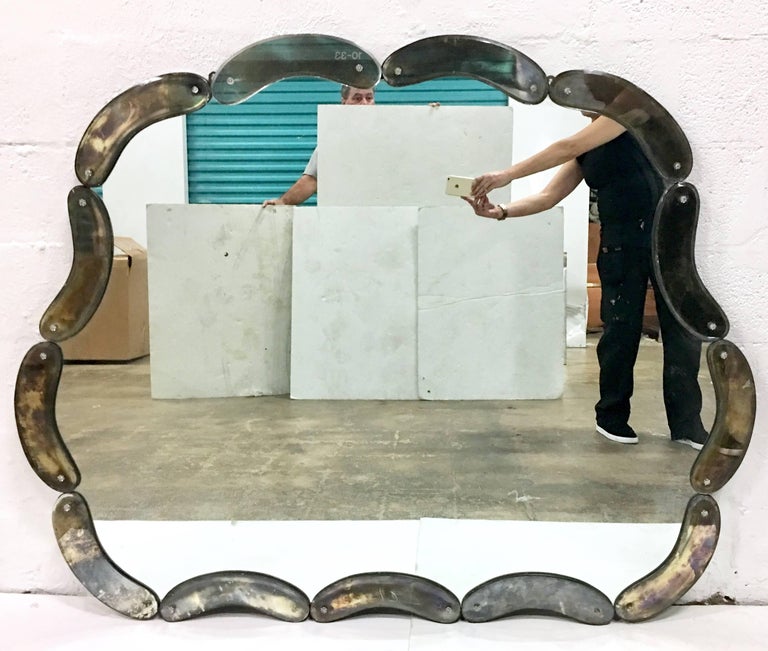Monumental French Art Deco Style Eglomise And Crystal Rosette Mirror Crystal Rosette Mirror For Mid 20th Century Finely Crafted Monumental French Art Deco Style Framed églomisé Crescent Smoky