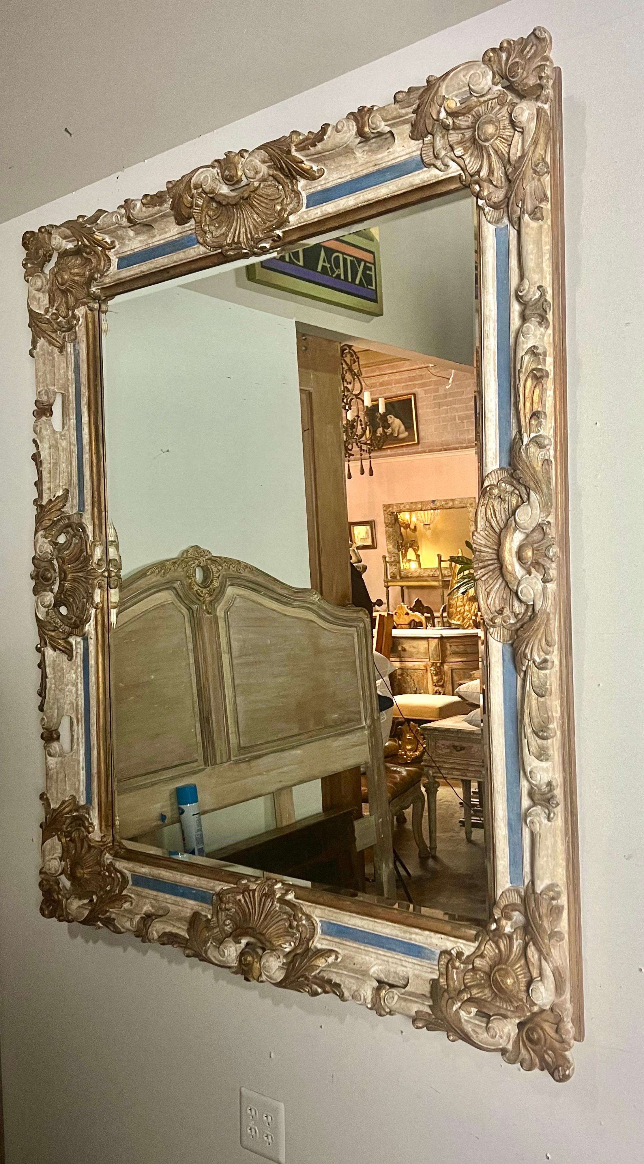 Monumental French Baroque Style Painted & Parcel Gilt Mirror C. 1940's For Sale 6