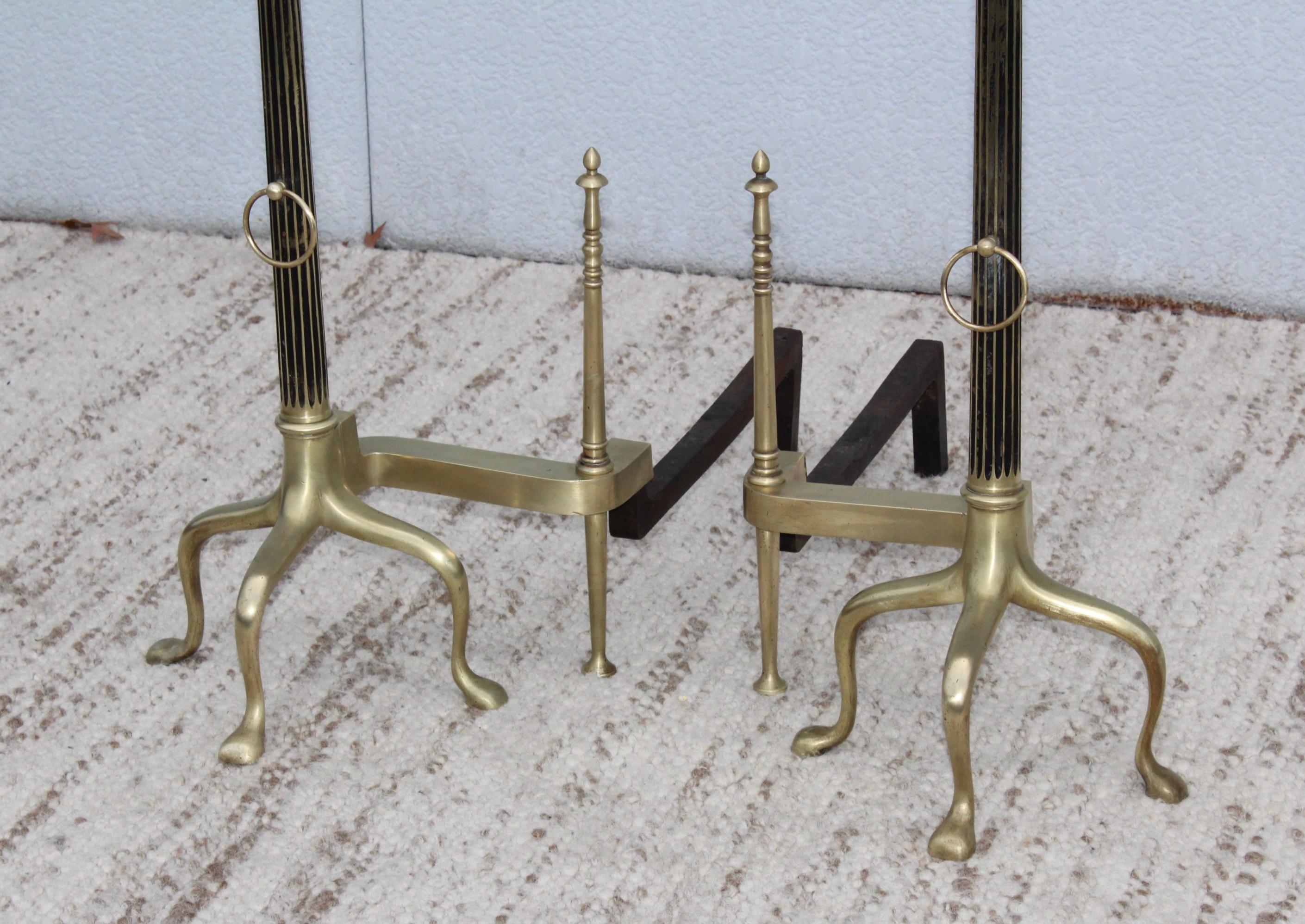 1960's Large Mid-Century Modern French Brass Andirons In Good Condition For Sale In New York, NY