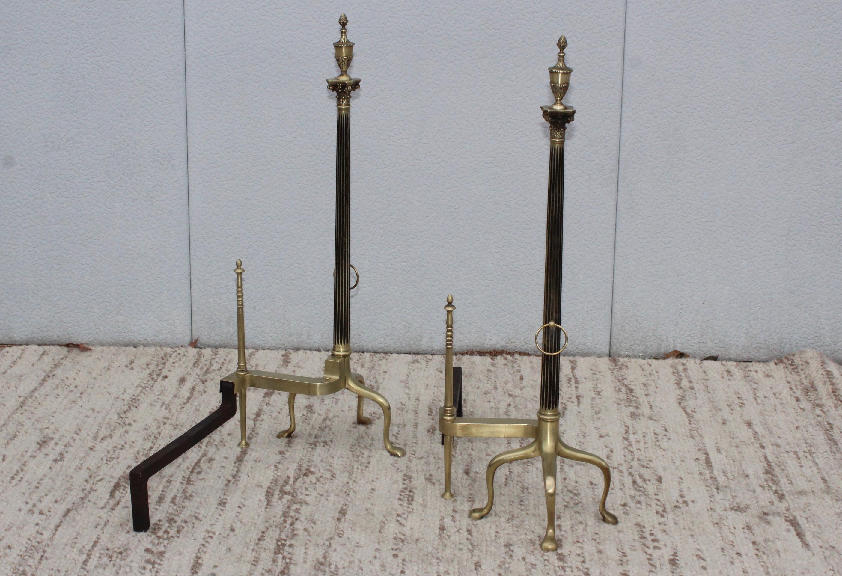 1960's Large Mid-Century Modern French Brass Andirons For Sale 1
