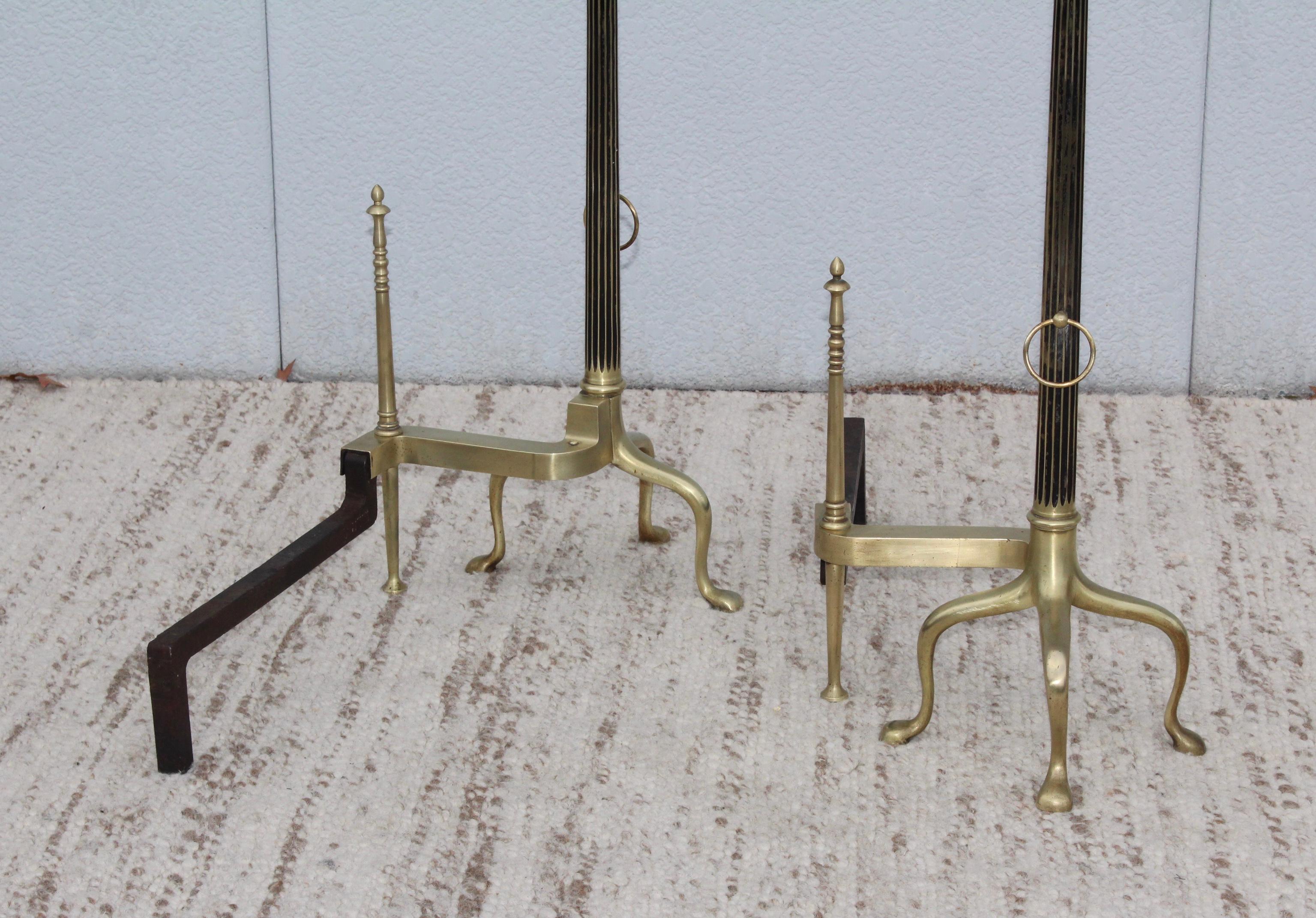 1960's Large Mid-Century Modern French Brass Andirons For Sale 4