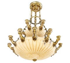 Lustre monumental français de style Empire en bronze et albâtre