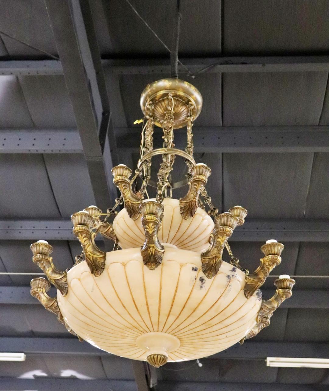 Monumental French Bronze and Alabaster Empire Style Chandelier In Good Condition For Sale In Swedesboro, NJ