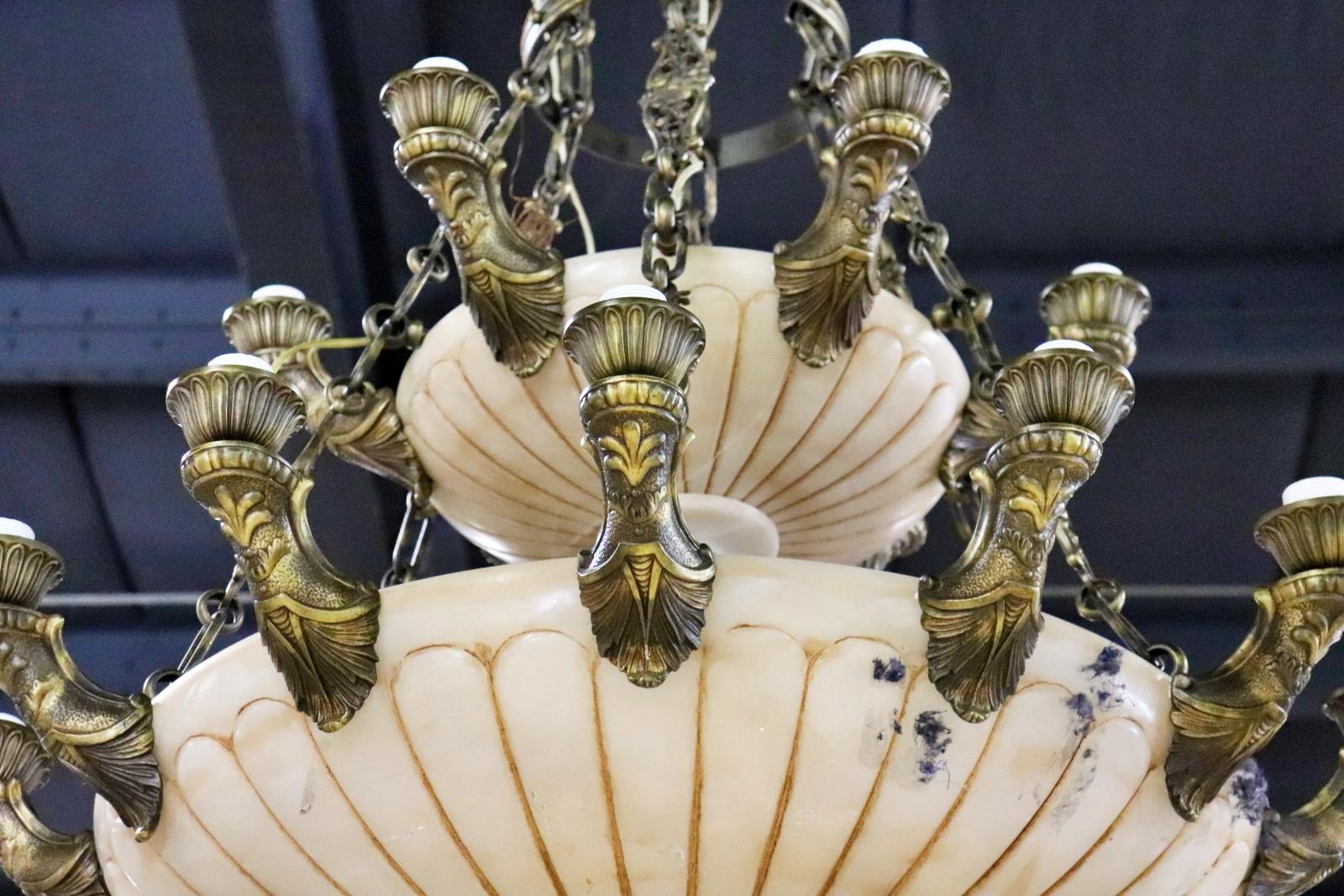 Late 20th Century Monumental French Bronze and Alabaster Empire Style Chandelier For Sale