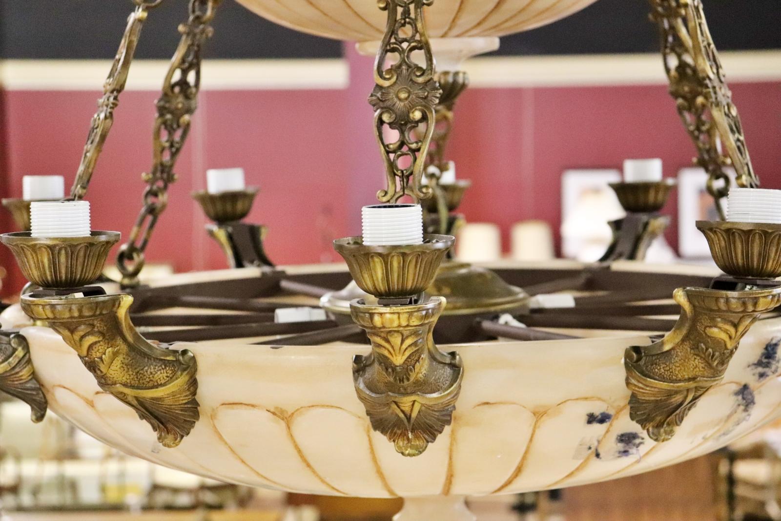 Monumental French Bronze and Alabaster Empire Style Chandelier For Sale 1