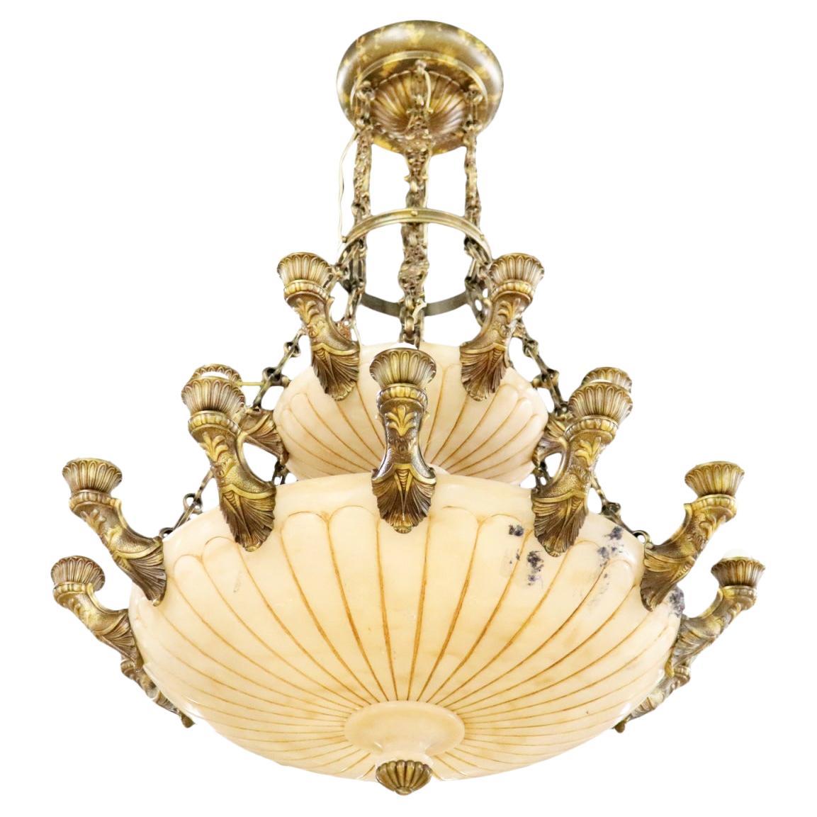 Monumental French Bronze and Alabaster Empire Style Chandelier