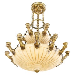 Monumental French Bronze and Alabaster Empire Style Chandelier