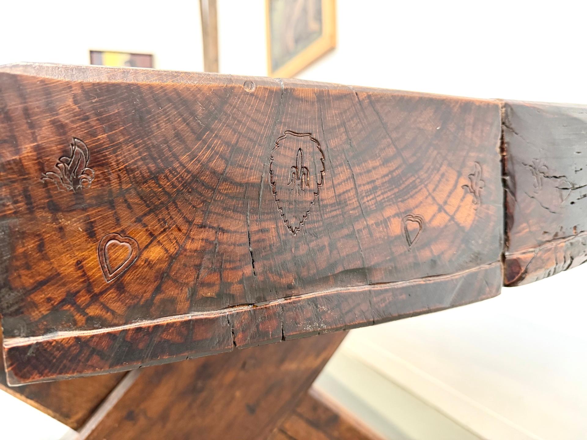 Monumental French Brutalist Solid Oak & Folk Art Banquet Table (c. 1900) For Sale 5