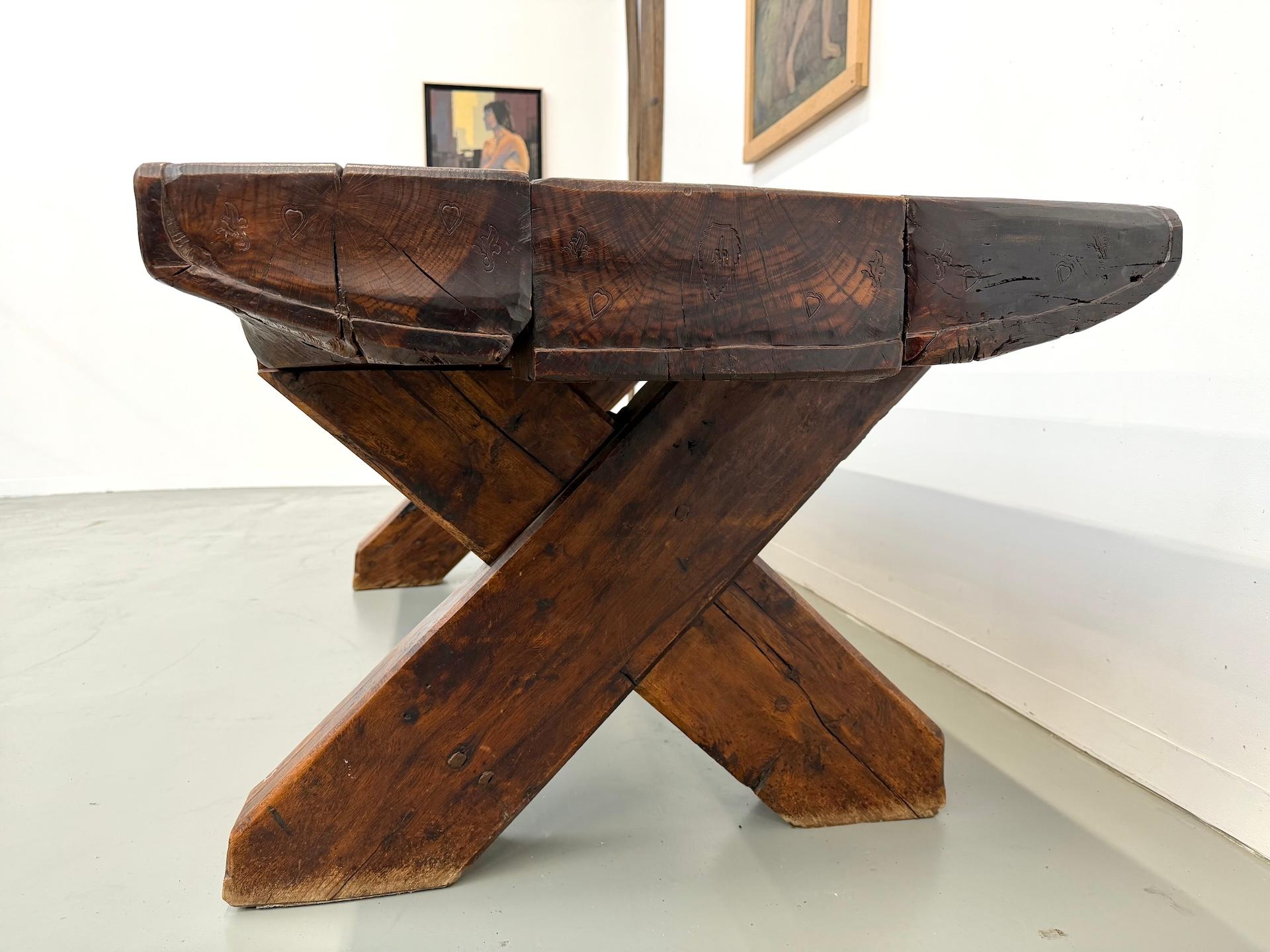 Monumental French Brutalist Solid Oak & Folk Art Banquet Table (c. 1900) For Sale 6