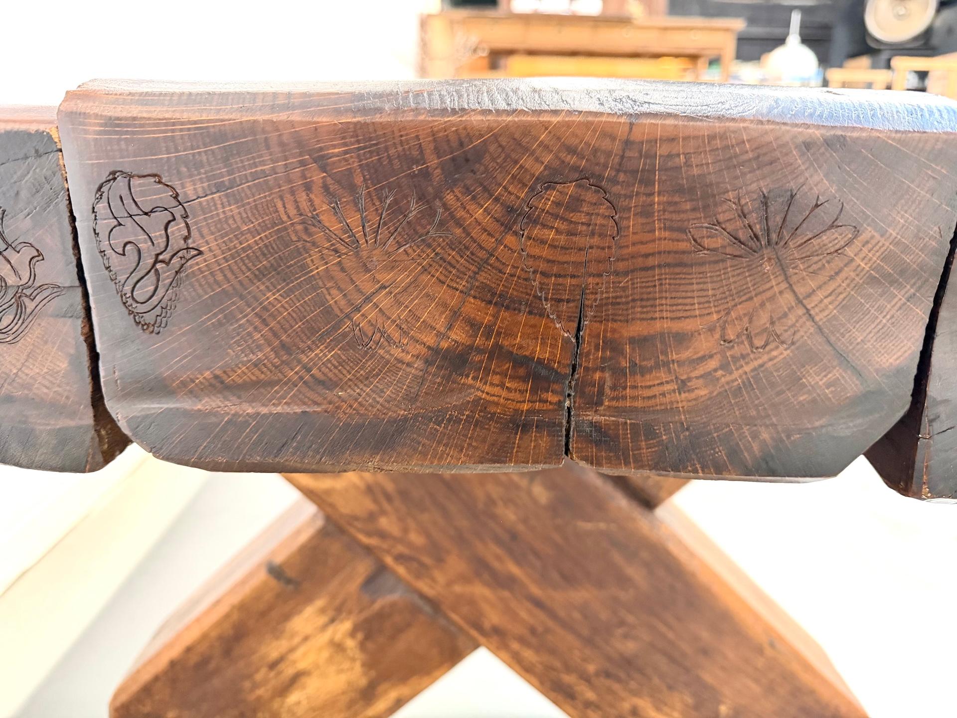 Monumental French Brutalist Solid Oak & Folk Art Banquet Table (c. 1900) For Sale 8