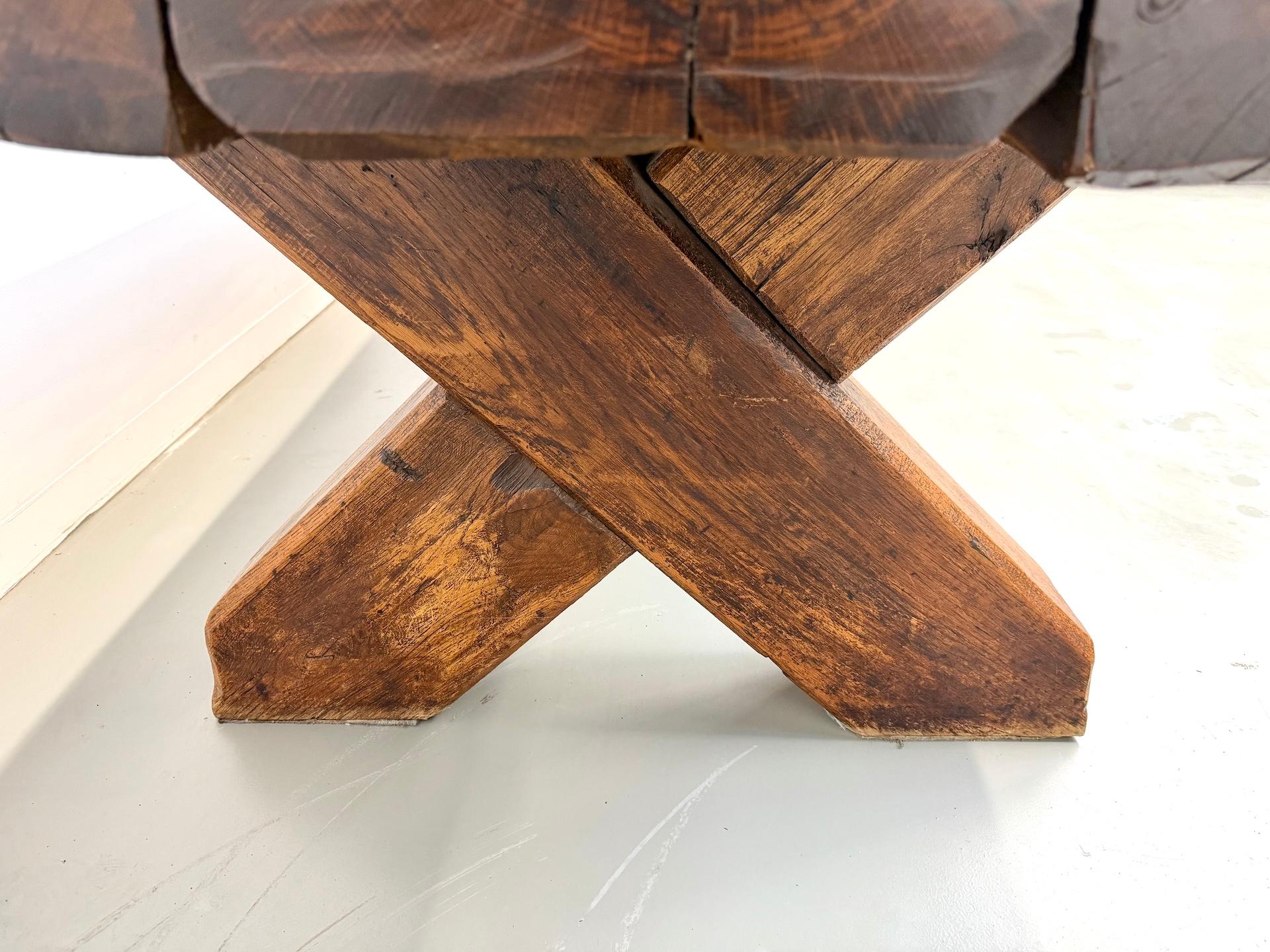 Monumental French Brutalist Solid Oak & Folk Art Banquet Table (c. 1900) For Sale 9