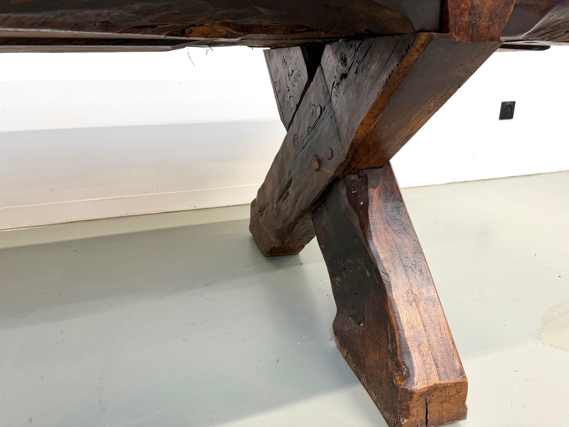 Monumental French Brutalist Solid Oak & Folk Art Banquet Table (c. 1900) For Sale 10