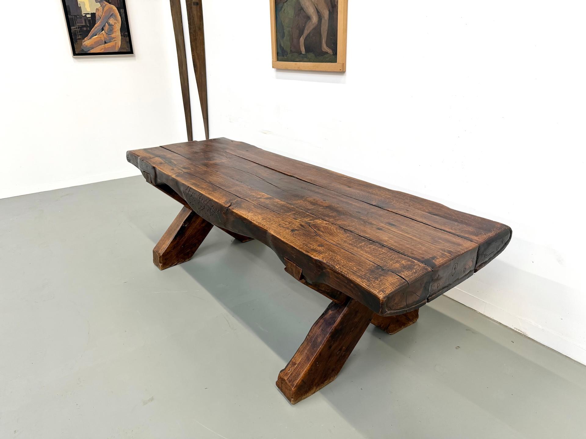 Monumental French Brutalist Solid Oak & Folk Art Banquet Table (c. 1900) For Sale 11