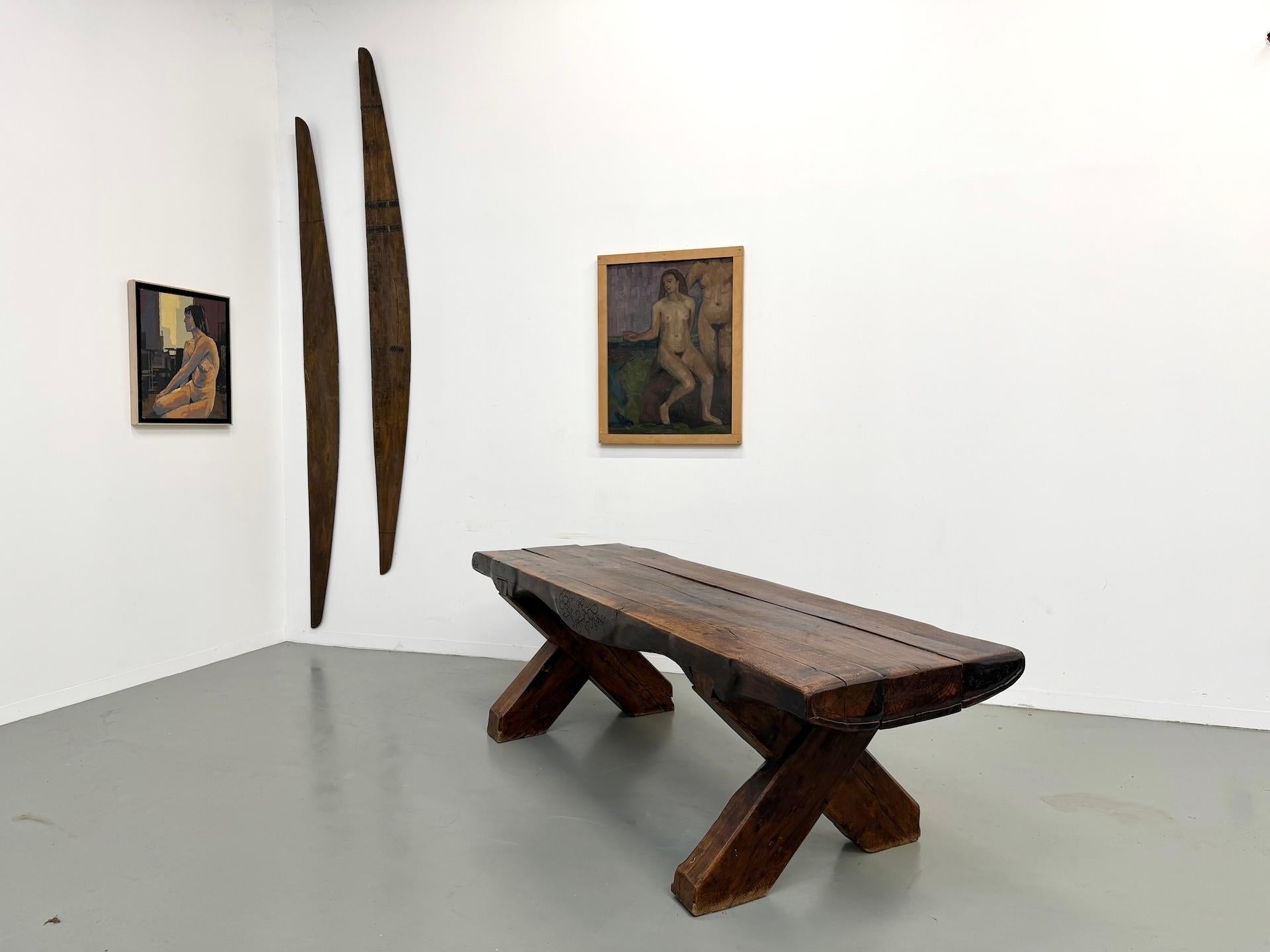 Monumental French Brutalist Solid Oak & Folk Art Banquet Table (c. 1900) For Sale 12