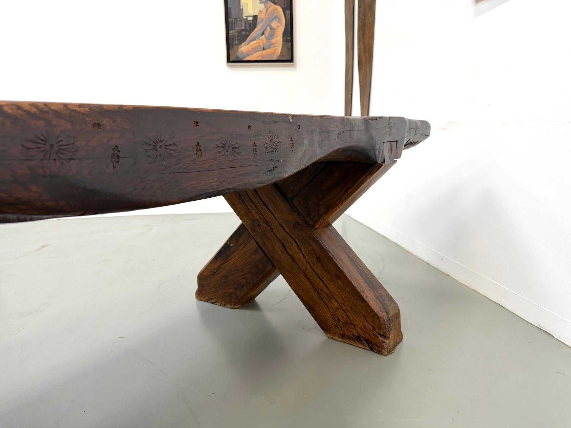 Monumental French Brutalist Solid Oak & Folk Art Banquet Table (c. 1900) For Sale 13