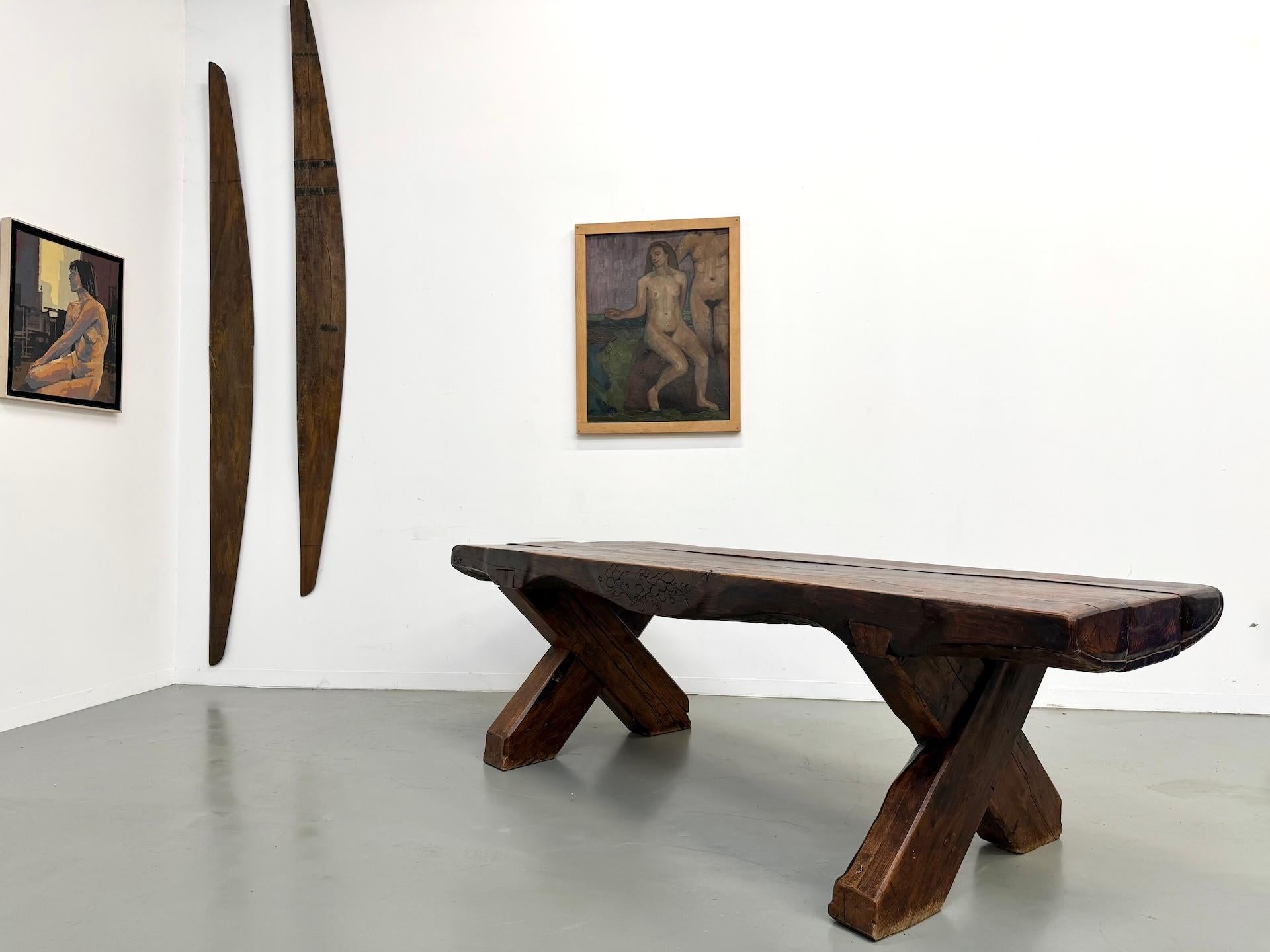 Monumental French Brutalist Solid Oak & Folk Art Banquet Table (c. 1900) For Sale 14