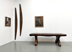 Monumental French Brutalist Solid Oak & Folk Art Banquet Table (c. 1900)