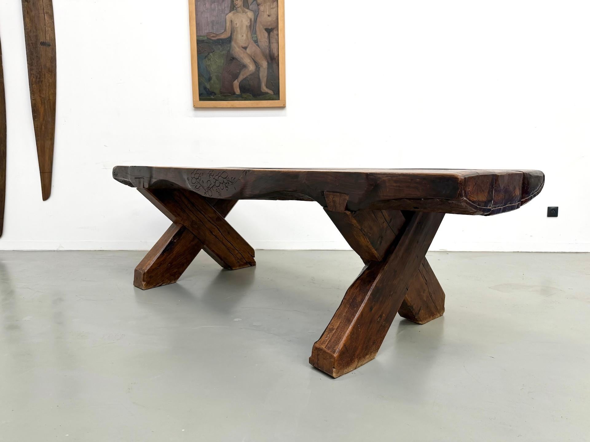 Monumental French Brutalist Solid Oak & Folk Art Banquet Table (c. 1900) For Sale 15