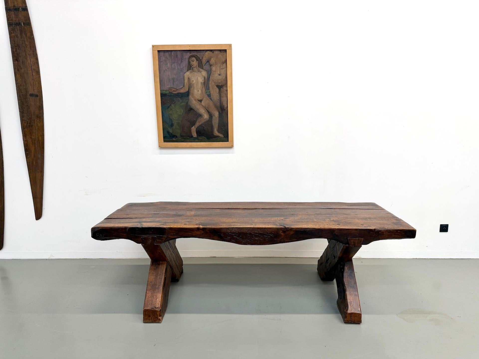 French Provincial Monumental French Brutalist Solid Oak & Folk Art Banquet Table (c. 1900) For Sale
