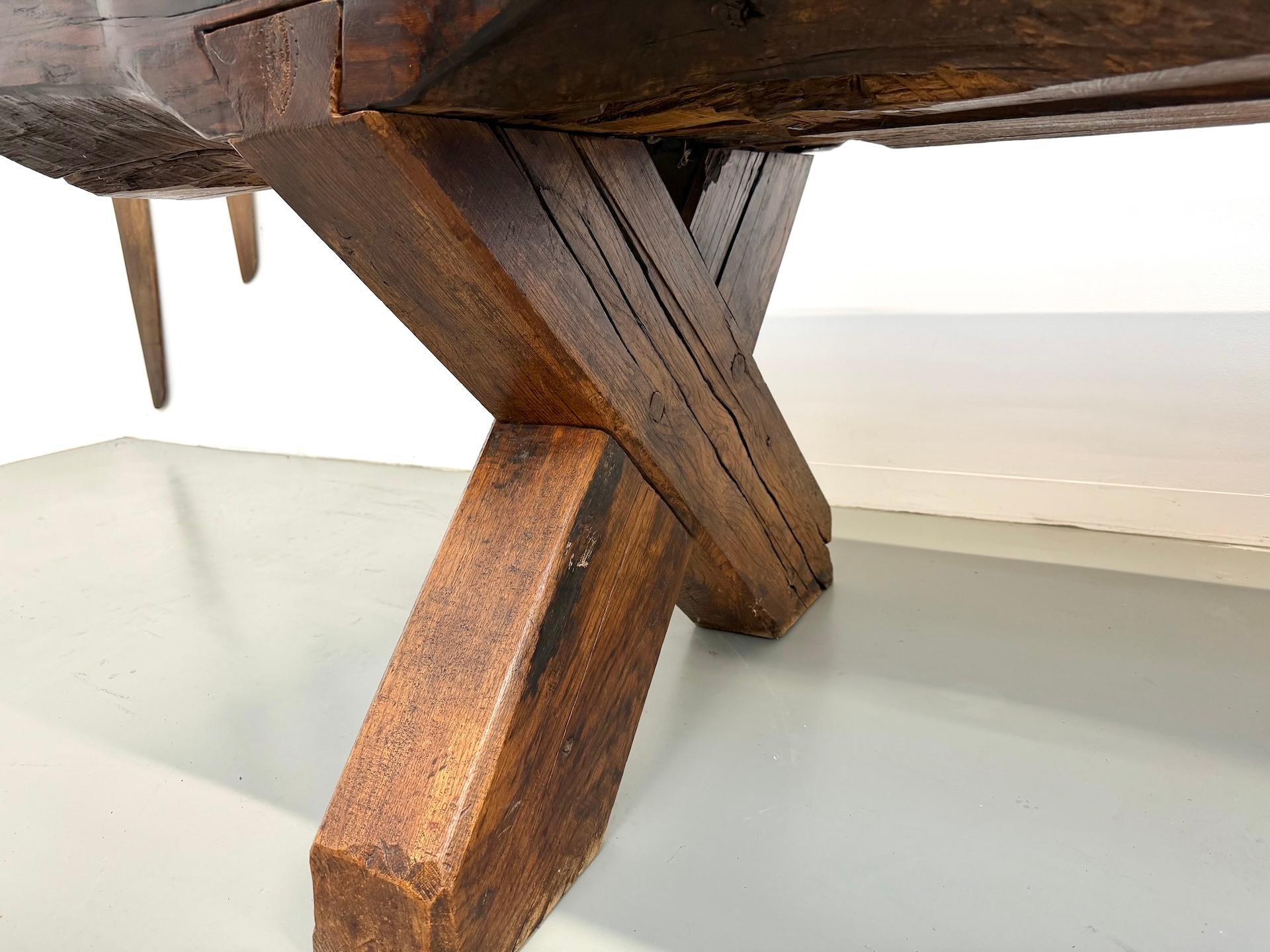 Monumental French Brutalist Solid Oak & Folk Art Banquet Table (c. 1900) For Sale 1