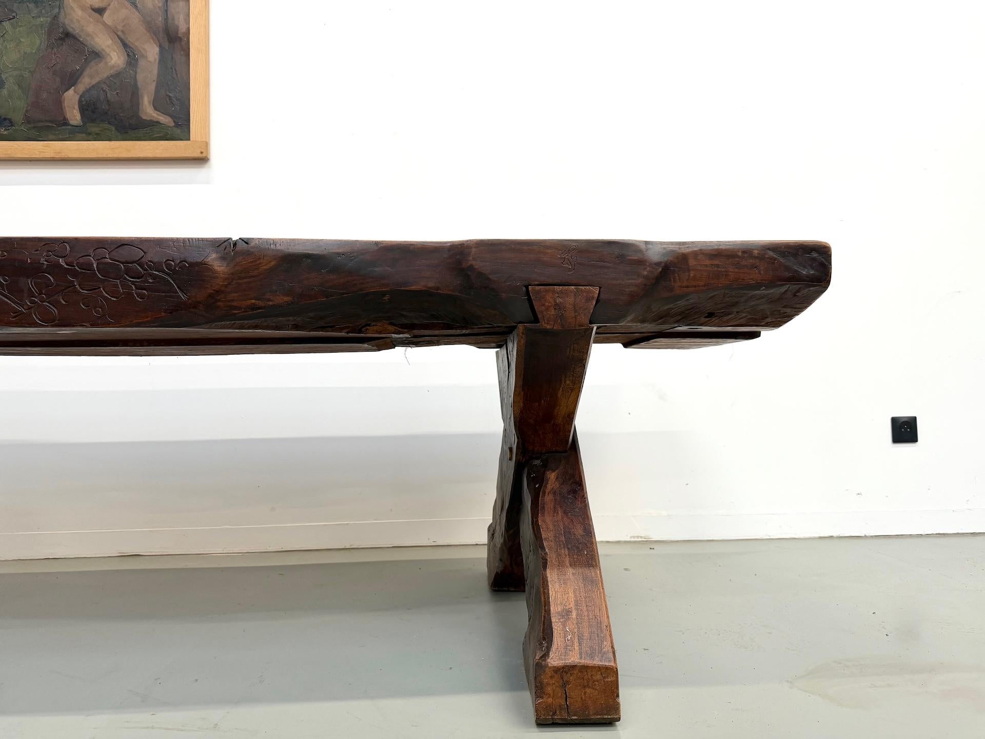 Monumental French Brutalist Solid Oak & Folk Art Banquet Table (c. 1900) For Sale 2
