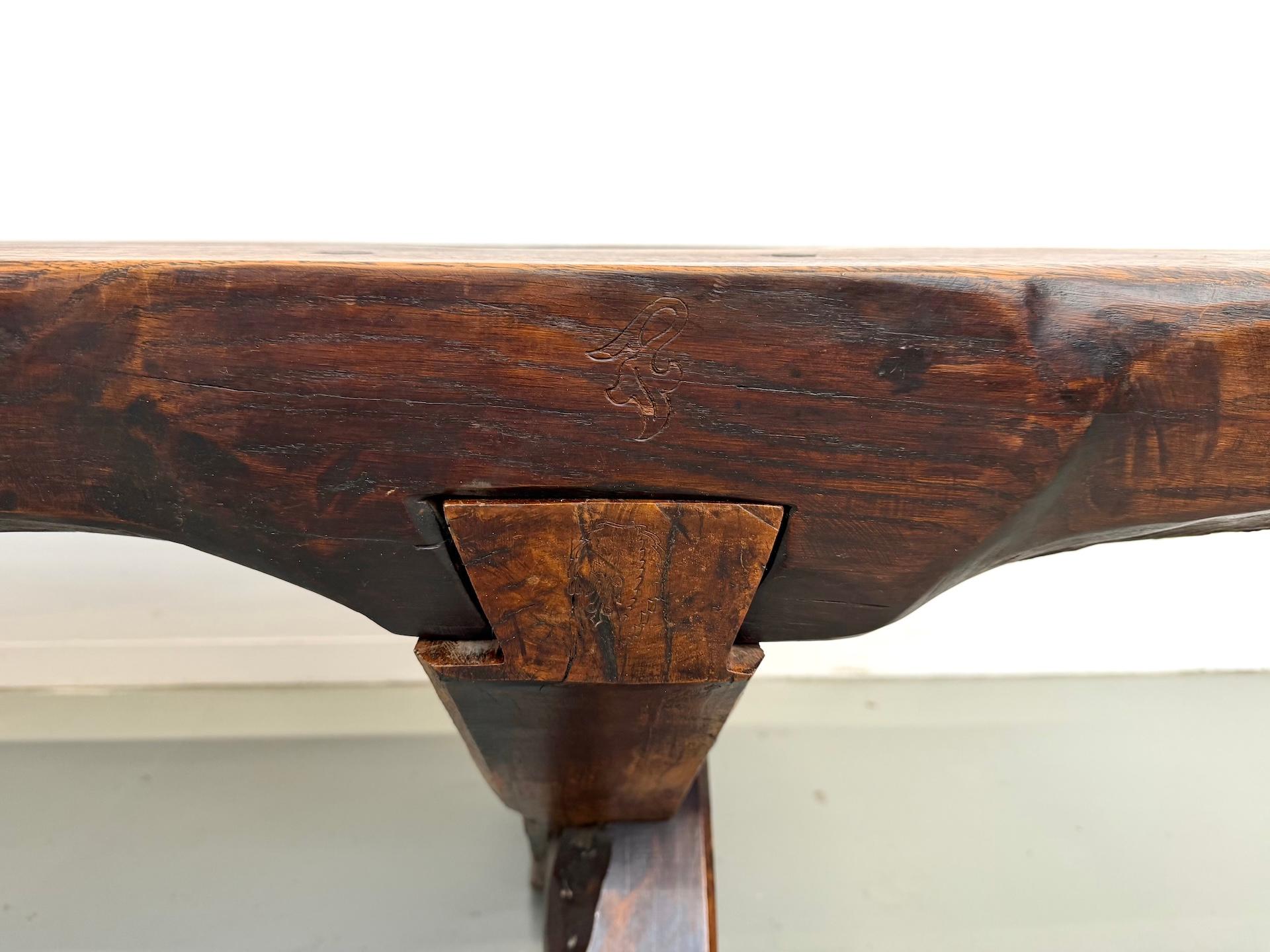 Monumental French Brutalist Solid Oak & Folk Art Banquet Table (c. 1900) For Sale 3