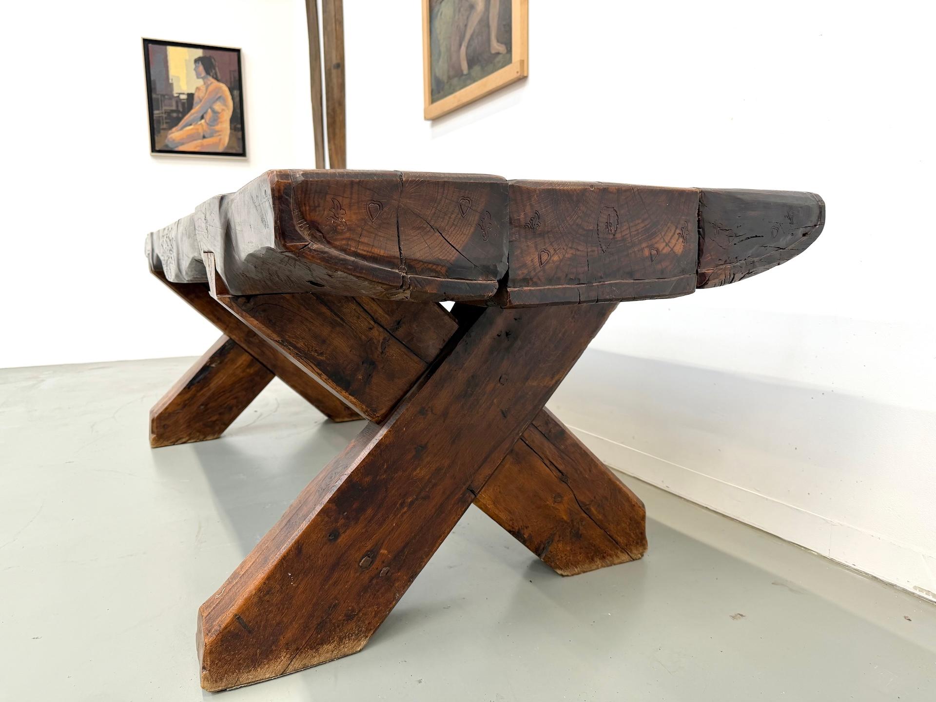 Monumental French Brutalist Solid Oak & Folk Art Banquet Table (c. 1900) For Sale 4