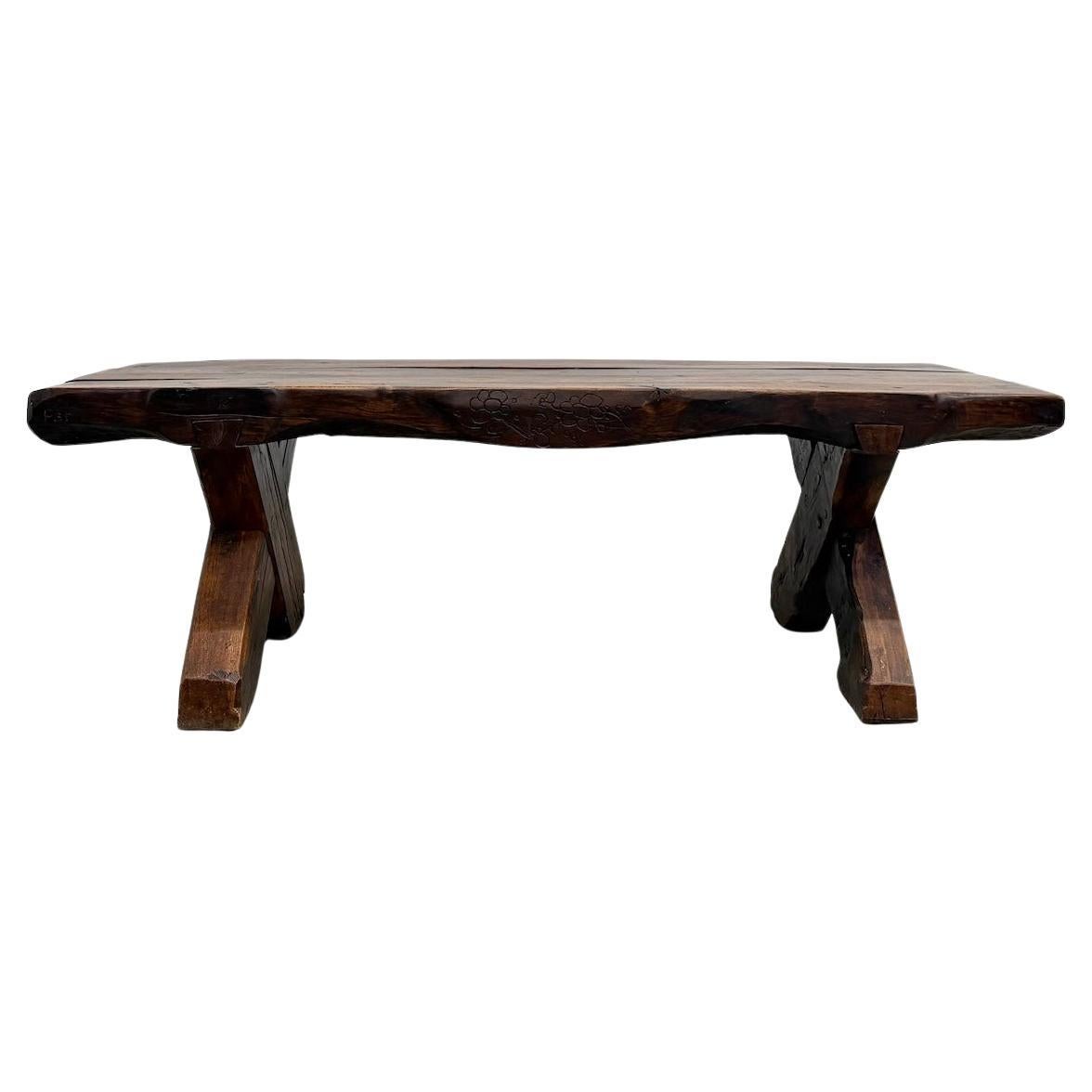 Monumental French Brutalist Solid Oak
Folk Art Banquet Table (c. 1900)