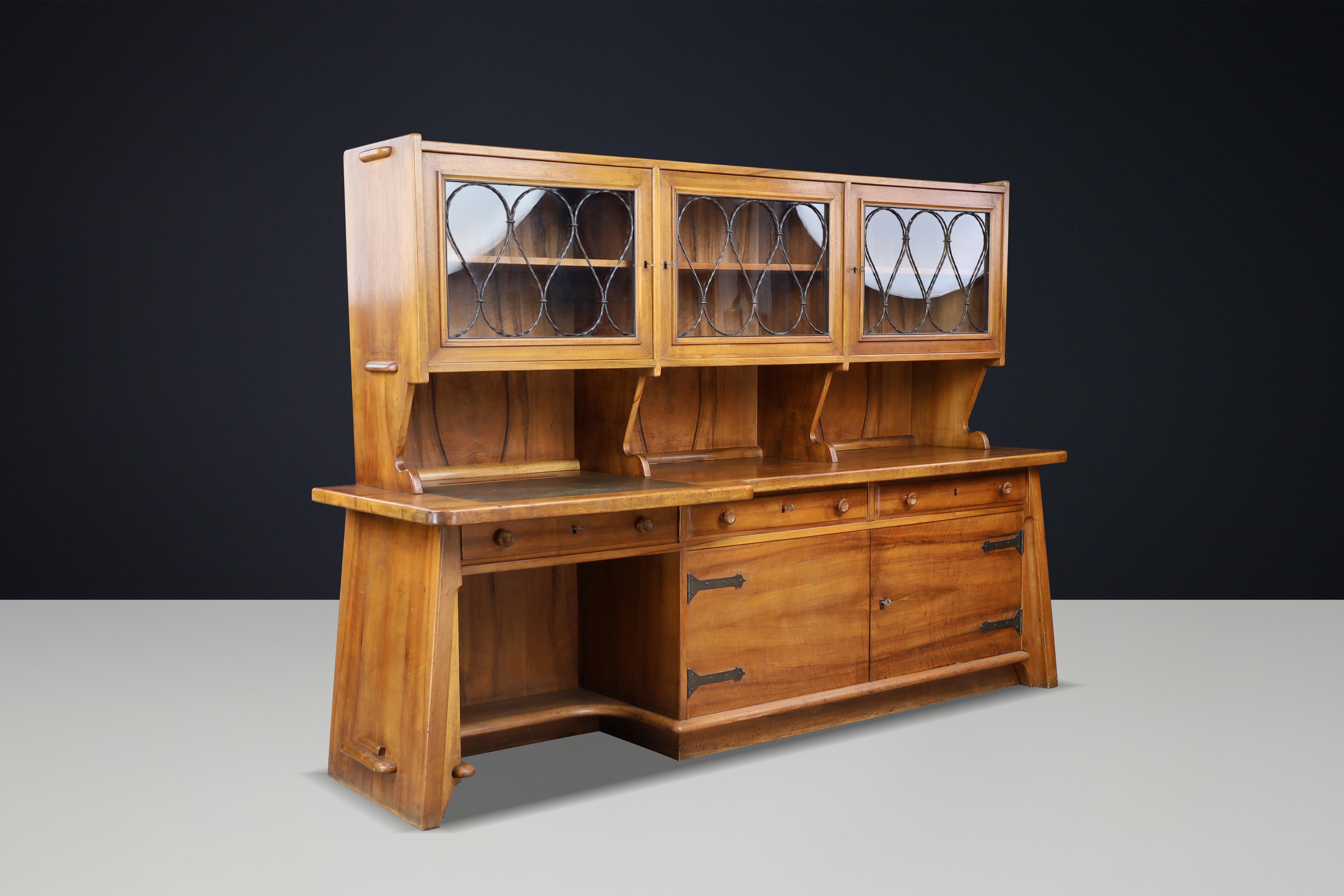 Monumental French Brutalist Walnut Cabinet & Desk, Sculptural Masterpiece, 1950s (Metall) im Angebot