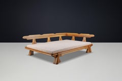 Monumental French Brutalist Walnut Daybed, Sculptural with Bouclé Upholstery.