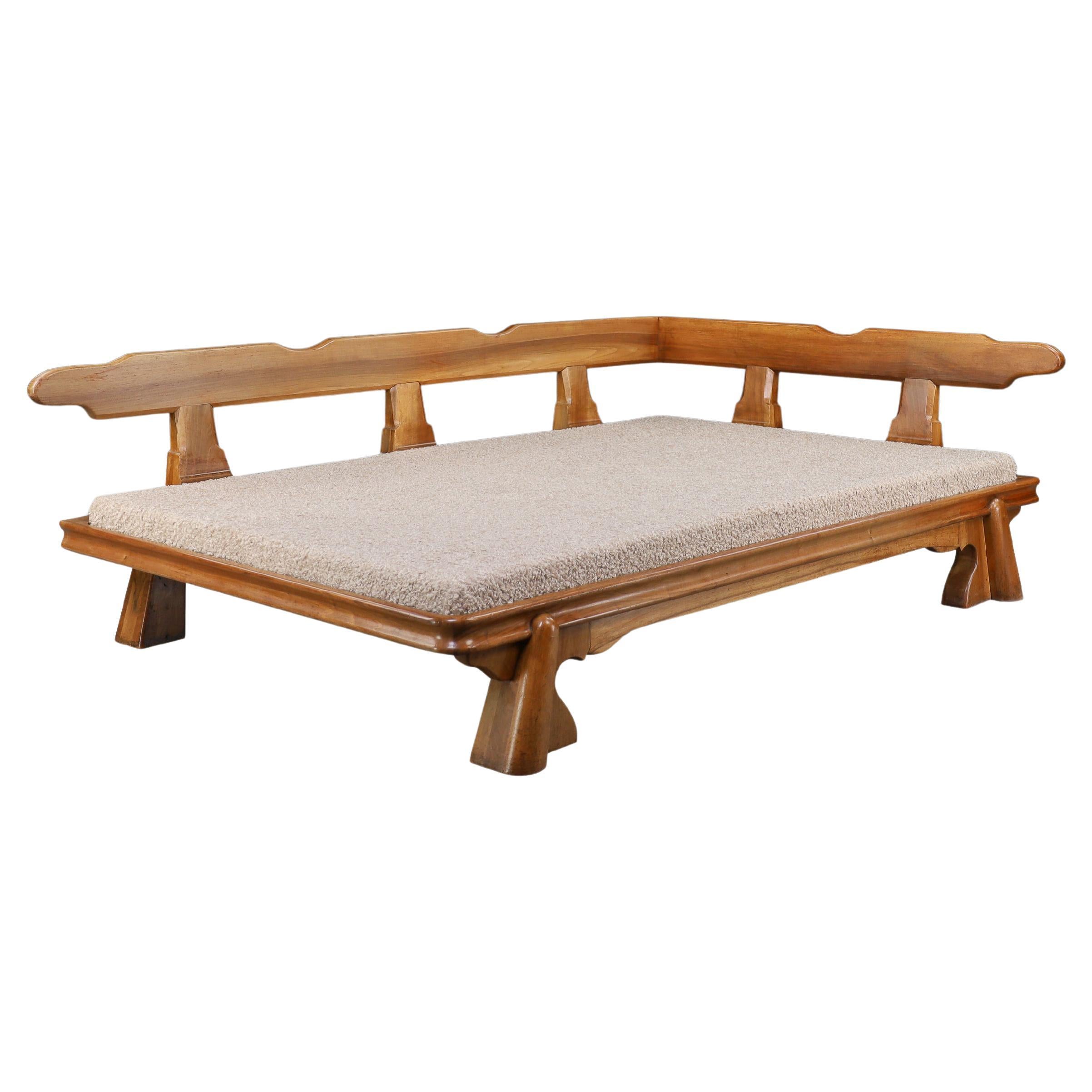 Monumental French Brutalist Walnut Daybed, Sculptural with Bouclé Upholstery.