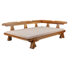 Monumental French Brutalist Walnut Daybed, Sculptural with Bouclé Upholstery.