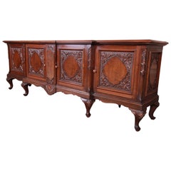 Monumental French Carved Mahogany and Burl Sideboard Credenza or Bar Cabinet