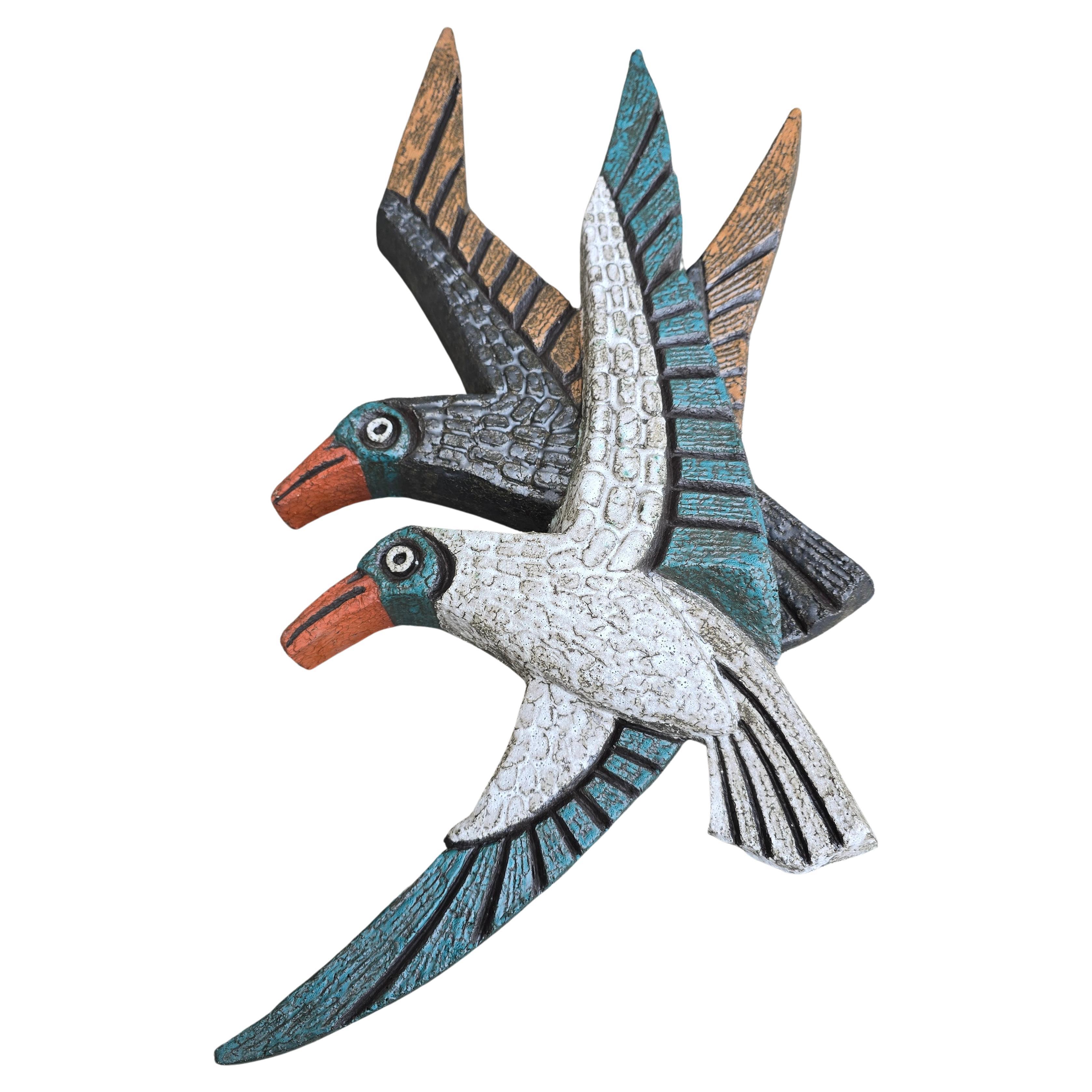 Monumental French Ceramic Wall Sculpture of Two Stylized Birds, 1950s–1960s