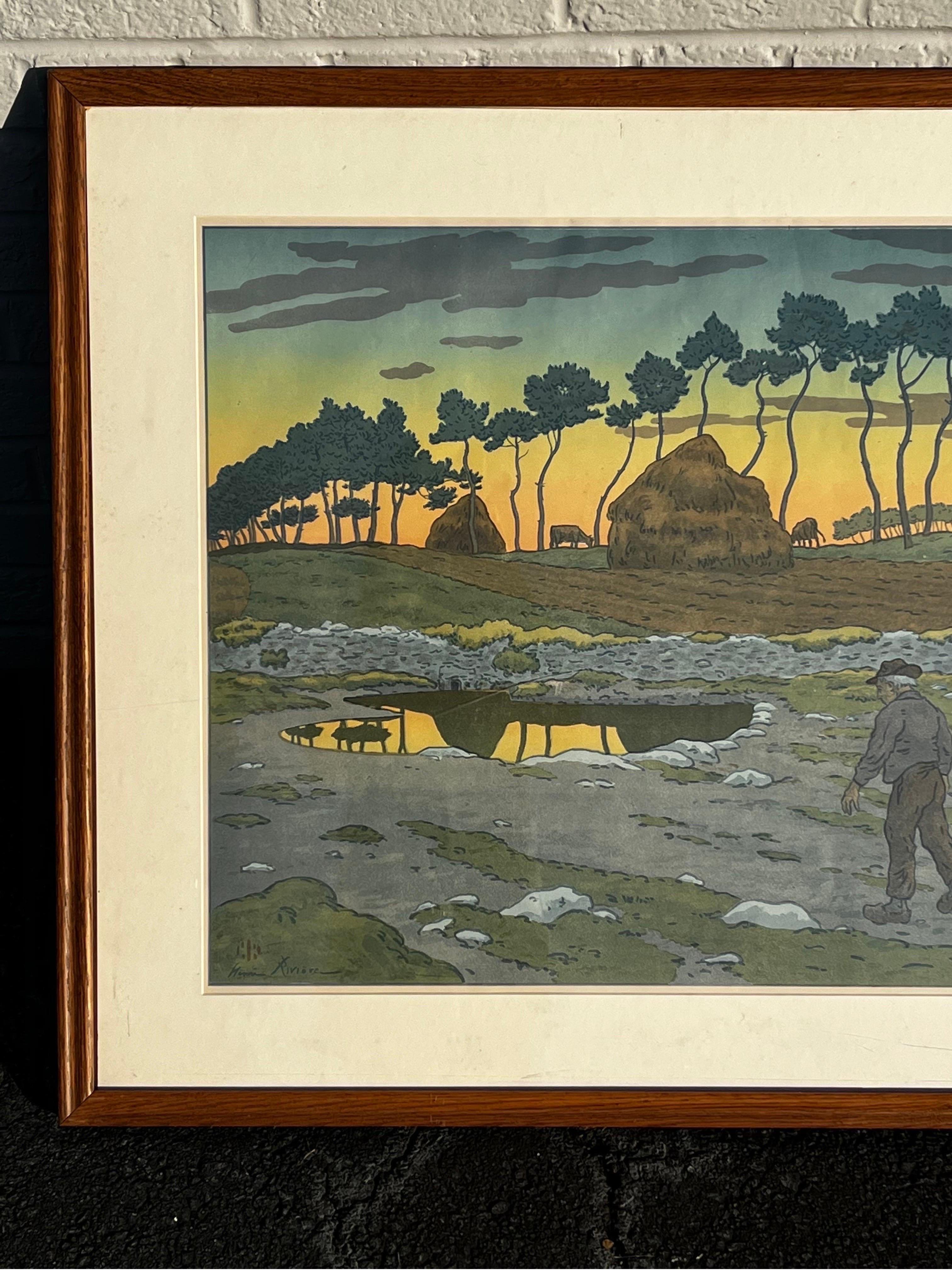 Ein monumentaler Farbdruck des französischen Künstlers Henri Riviere (1864 - 1951) aus dem späten 19. oder frühen 20. Jahrhundert. Der Druck zeigt einen Mann und sein Pferd in der französischen Landschaft, Heuhaufen sind zu sehen. Der Stil ist