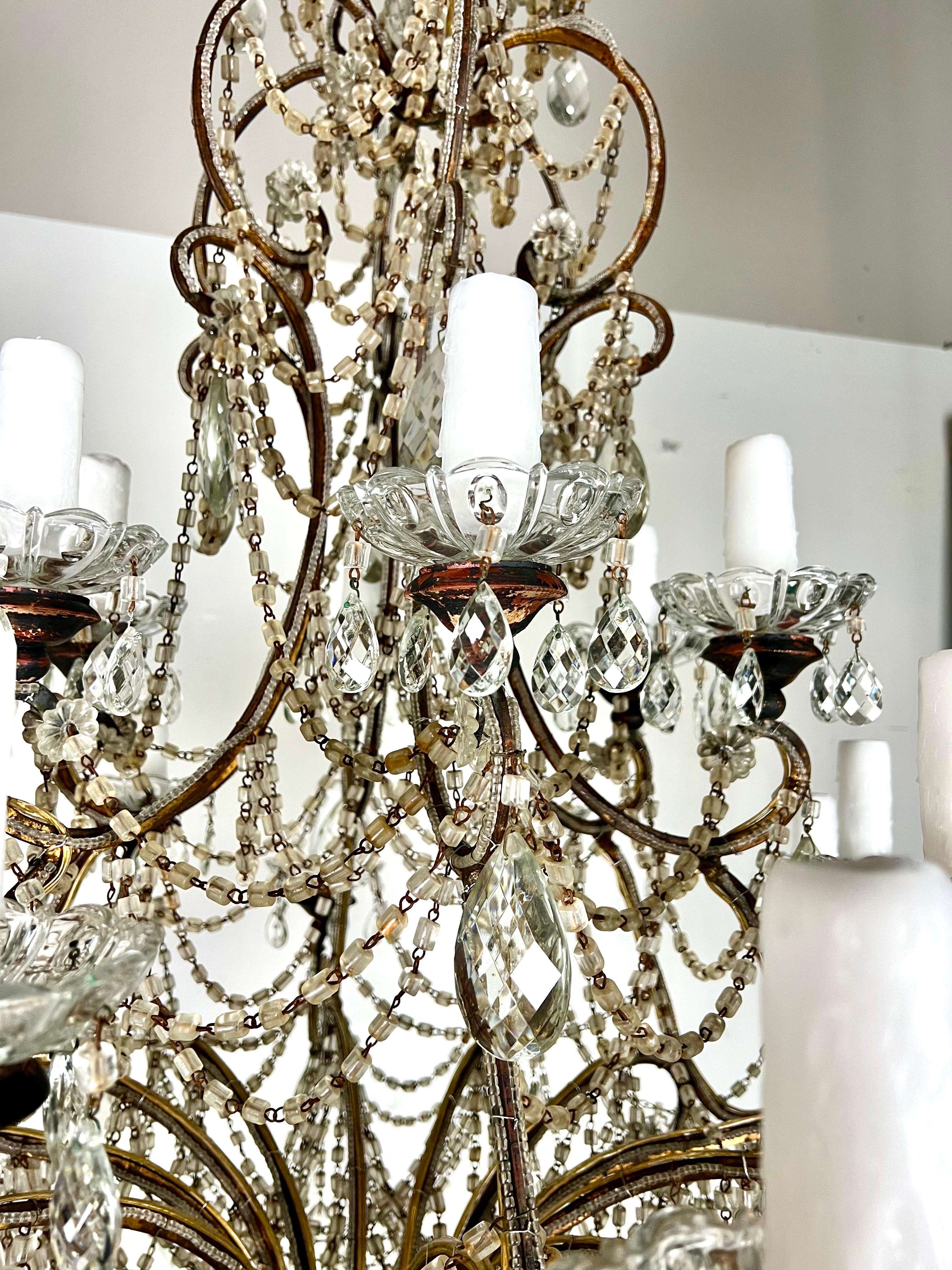 Metal Monumental French Crystal Beaded Chandelier C. 1930's For Sale