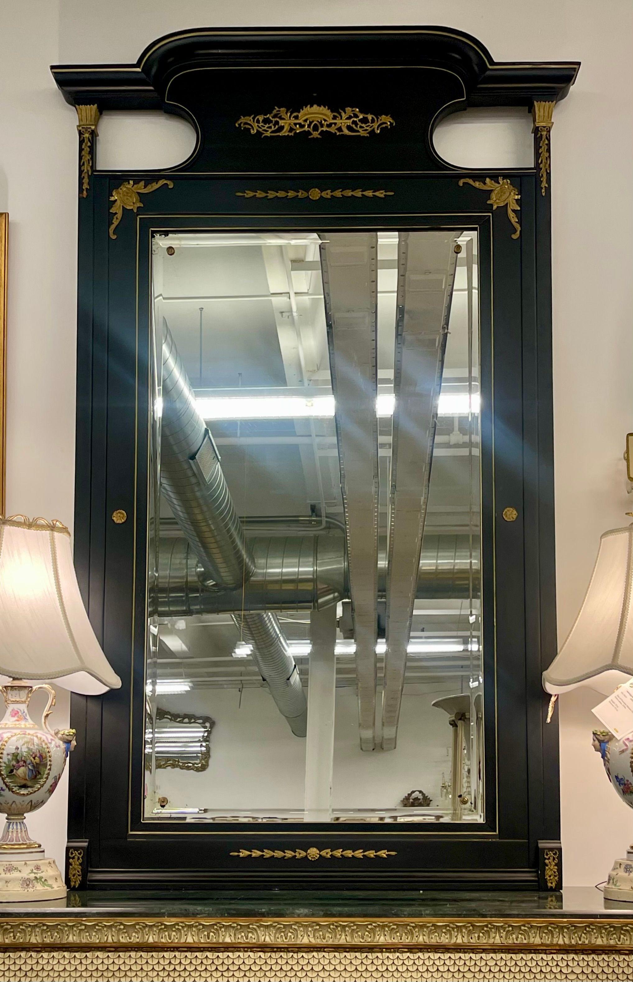 Monumental French Directoire Style Ebonized Mirror Beveled With Brass Accents 4