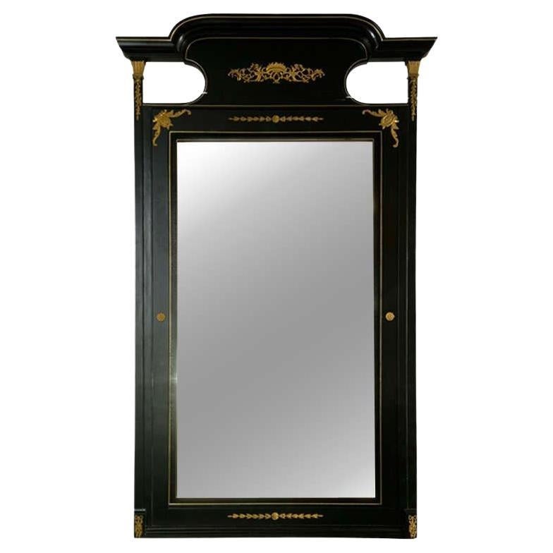 Monumental French Directoire Style Ebonized Mirror Beveled With Brass Accents
