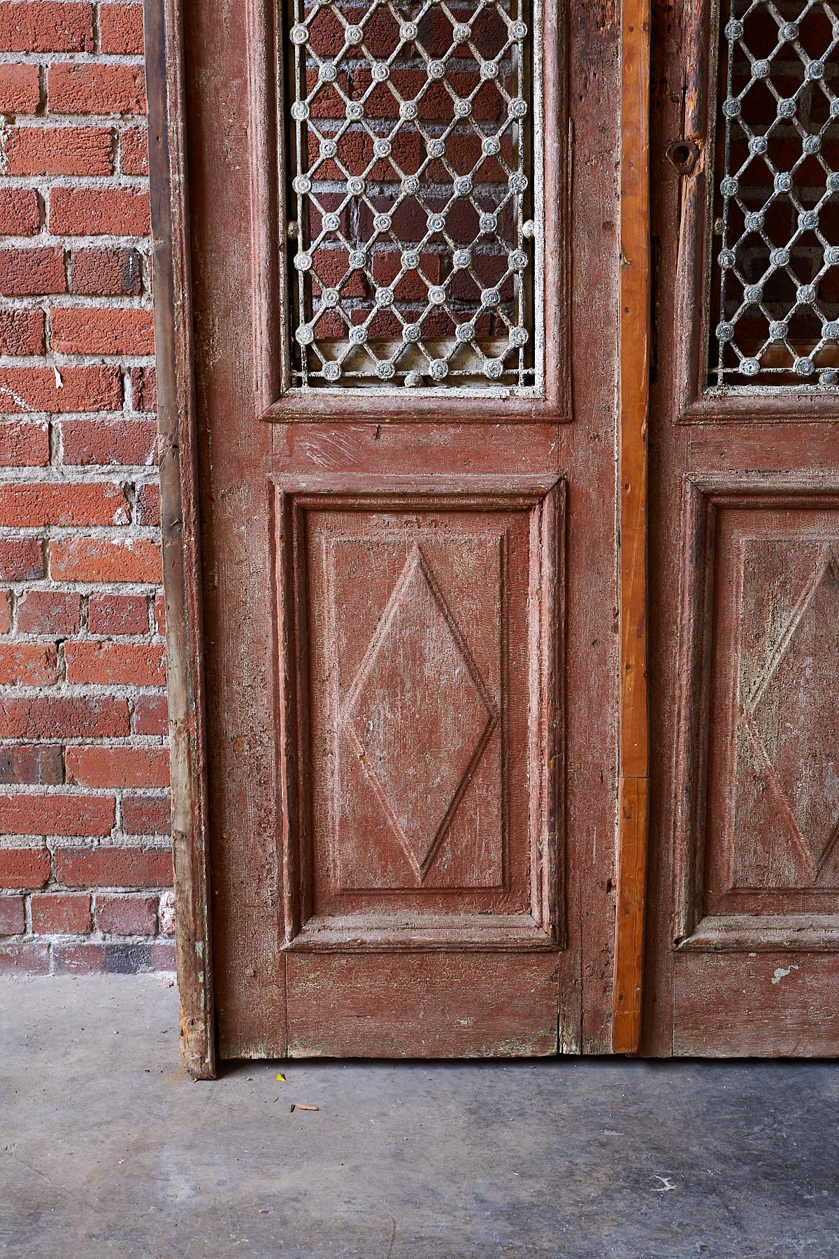 Hand-Crafted Monumental French Doors and Transom with Iron Grills