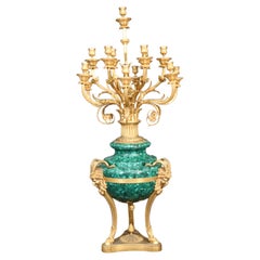 Vintage Monumental French Dor'e Bronze Malachite Satyr Head Candleabra