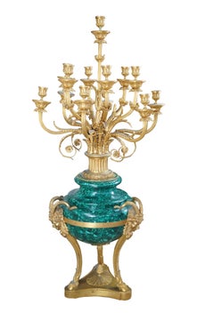 Monumental French Dor'e Napoleon III Malachite & Bronze Satyr Head Candelabra 4'